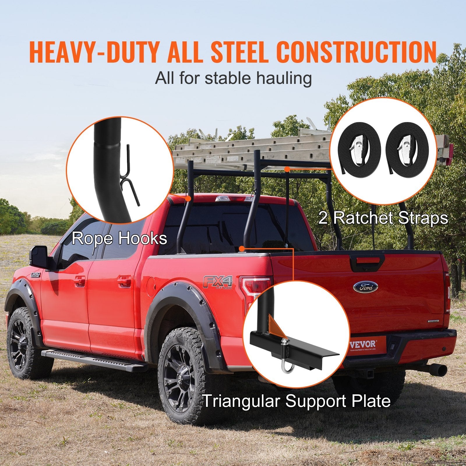 VEVOR Truck Rack, 46-71inch Width, 800 lbs Capacity, Extendable Steel Ladder Rack for Truck with 4 Non-Drilling J-bolts, Heavy Duty Truck Bed Rack Two-Bar Set for Kayak, Surfboard, Lumber, Ladder 