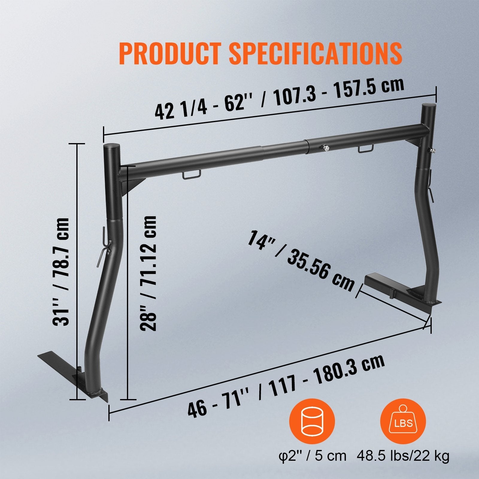VEVOR Truck Rack, 46-71inch Width, 800 lbs Capacity, Extendable Steel Ladder Rack for Truck with 4 Non-Drilling J-bolts, Heavy Duty Truck Bed Rack Two-Bar Set for Kayak, Surfboard, Lumber, Ladder 