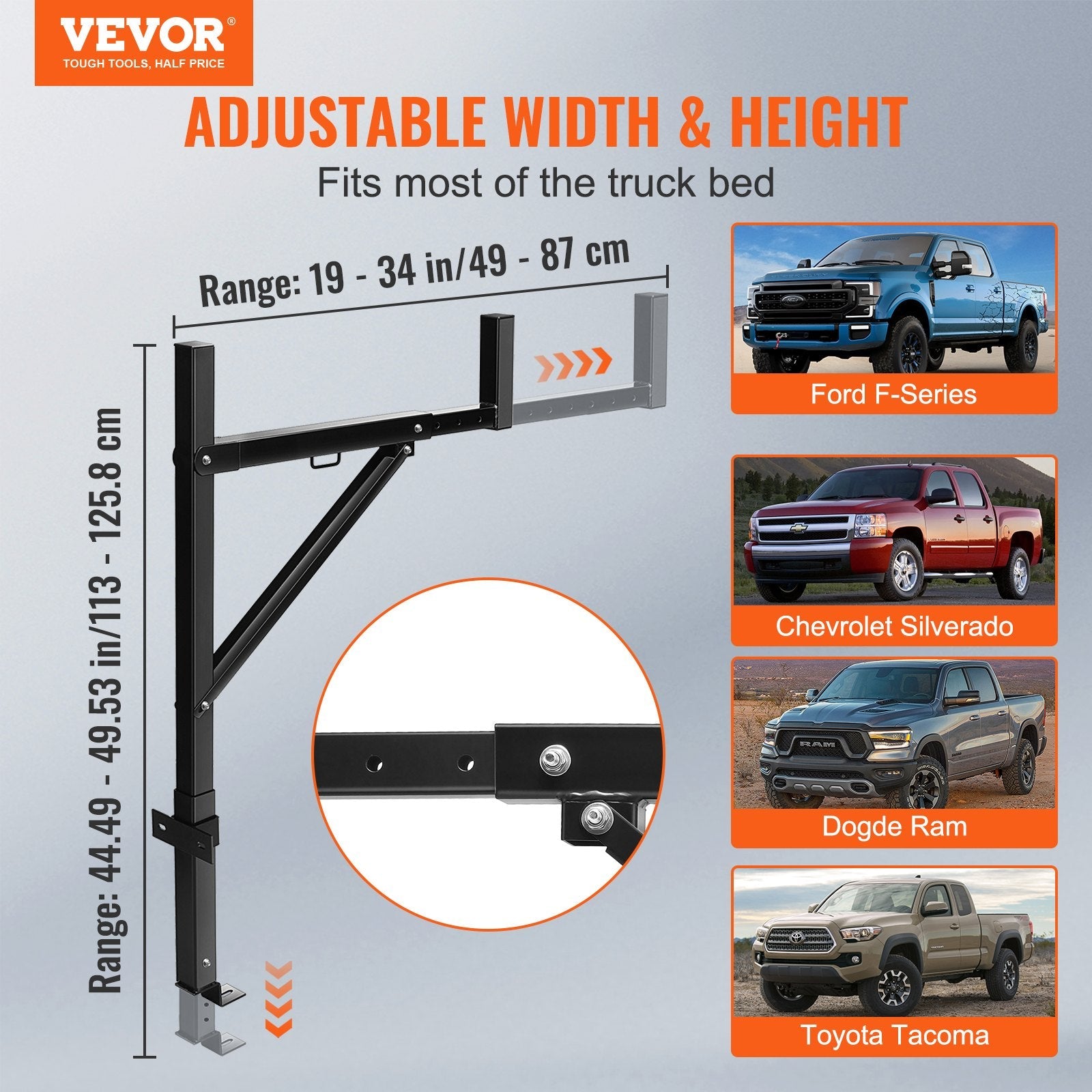 VEVOR Truck Rack Pick up Truck Ladder 19"-34" W 38.6"-43.6" H 250lbs Capacity 