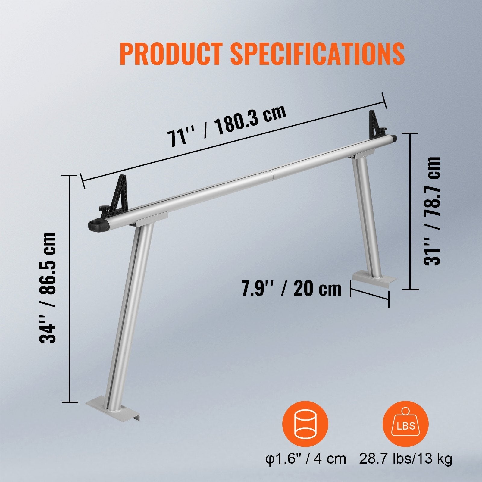 VEVOR Truck Rack, 800 lbs Capacity, 71"x31" Aluminum Ladder Rack for Truck with 8 Non-Drilling C-clamps, Heavy Duty Truck Bed Rack Two-Bar Set for Kayak, Surfboard, Lumber, Ladder 