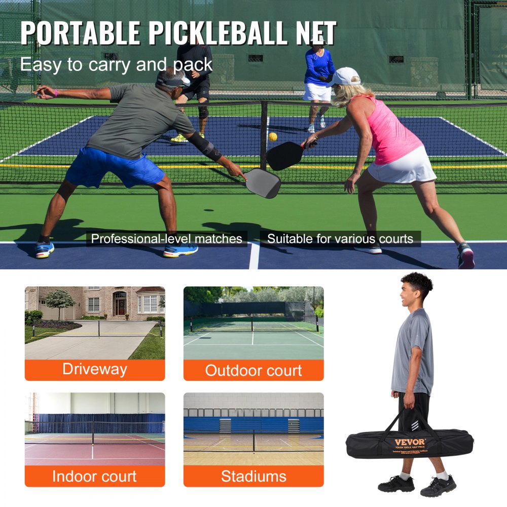 VEVOR Portable Pickleball Net System, 22FT Regulation Size Net, Weather Resistant Steady Metal Frame & Strong PE Net, Outdoor Game Sports Net with Carrying Bag, Easy Setup, Play in Backyard Driveway 