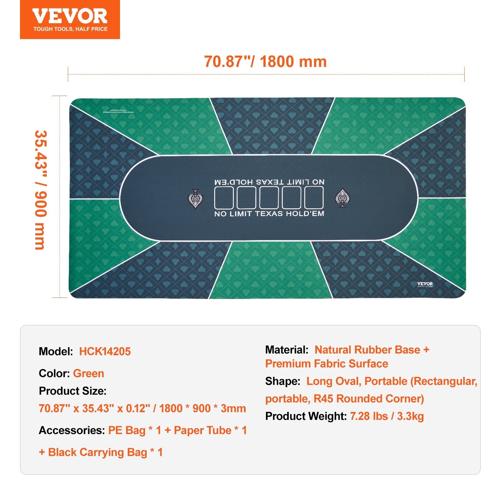 VEVOR Poker Table Top 70 x 35 Inch Poker Mat 6-8 Players Foldable with Bag Green 