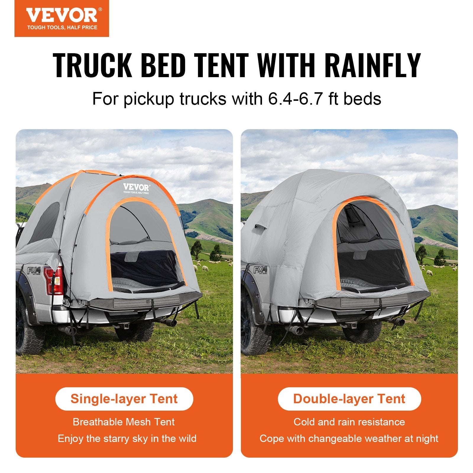VEVOR Truck Bed Tent, 6.4'-6.7' Pickup Truck Tent with Rain Layer and Carry Bag, Waterproof PU2000mm Double Layer Truck Tent, Accommodate 2-3 Person, for Camping Traveling Outdoor Activities 