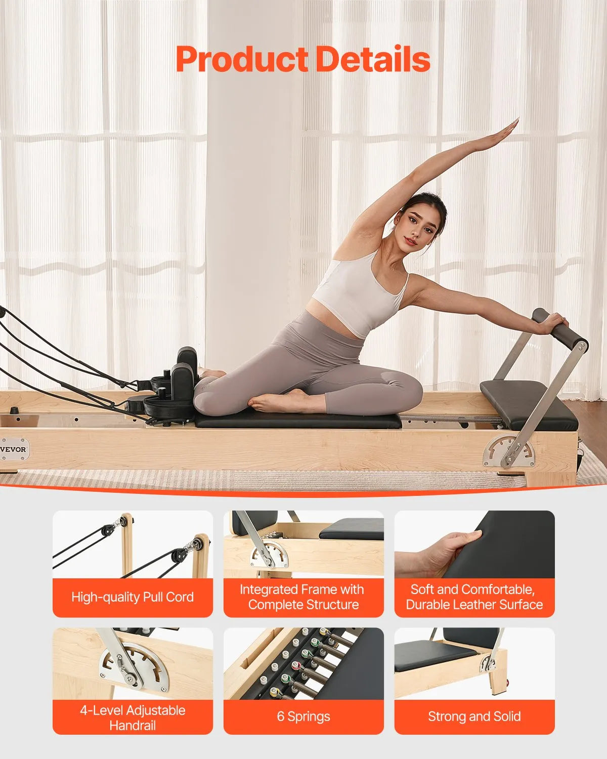 VEVOR Pilates Reformer Machine, Wooden Pilates Workout Equipment for Home Gym Studio Use, Pilates Bed with Dual Resistance- Spring & Cord, Reformer Set with Sitting Box, Up to 400 LBS 