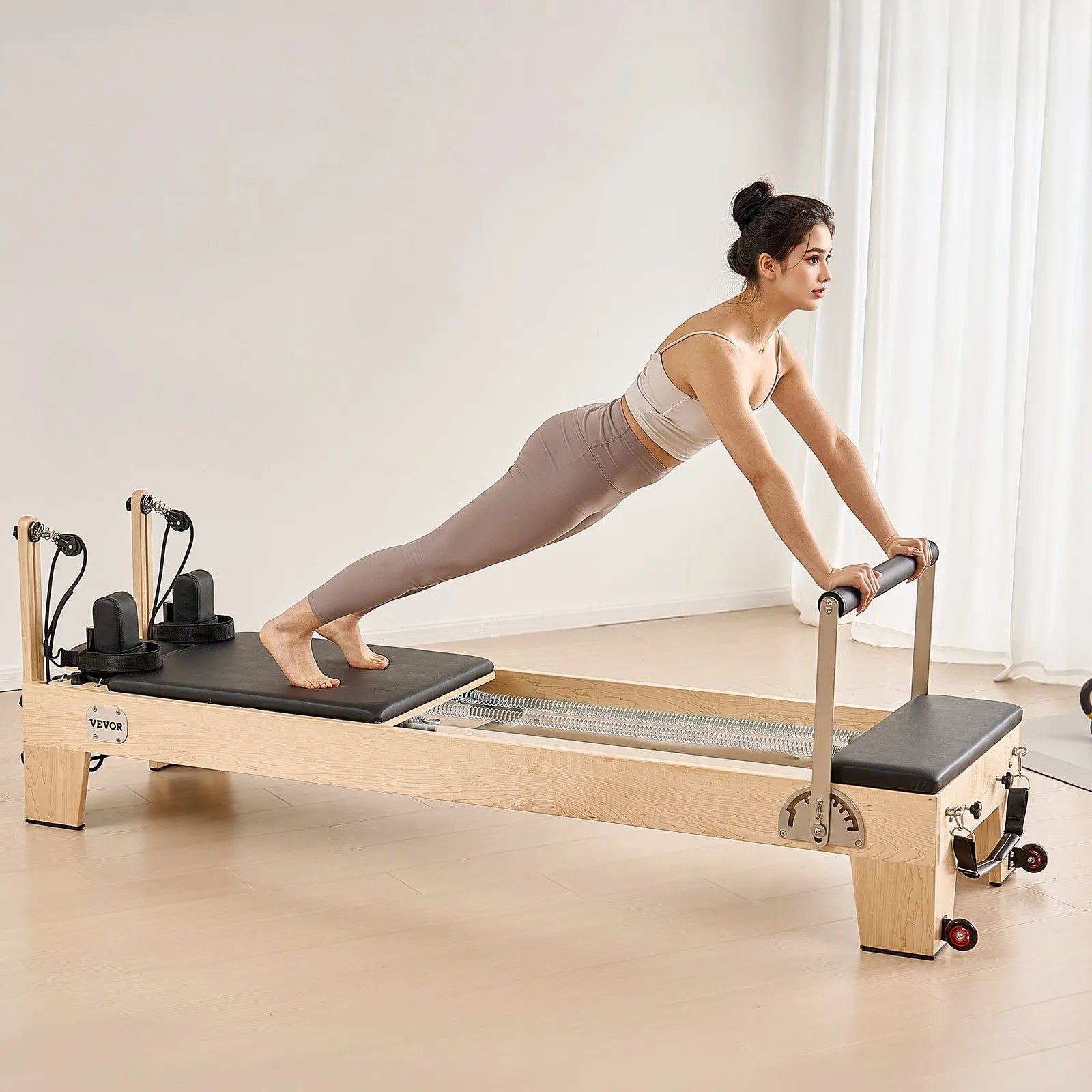 VEVOR Pilates Reformer Machine, Wooden Pilates Workout Equipment for Home Gym Studio Use, Pilates Bed with Dual Resistance- Spring & Cord, Reformer Set with Sitting Box, Up to 400 LBS 
