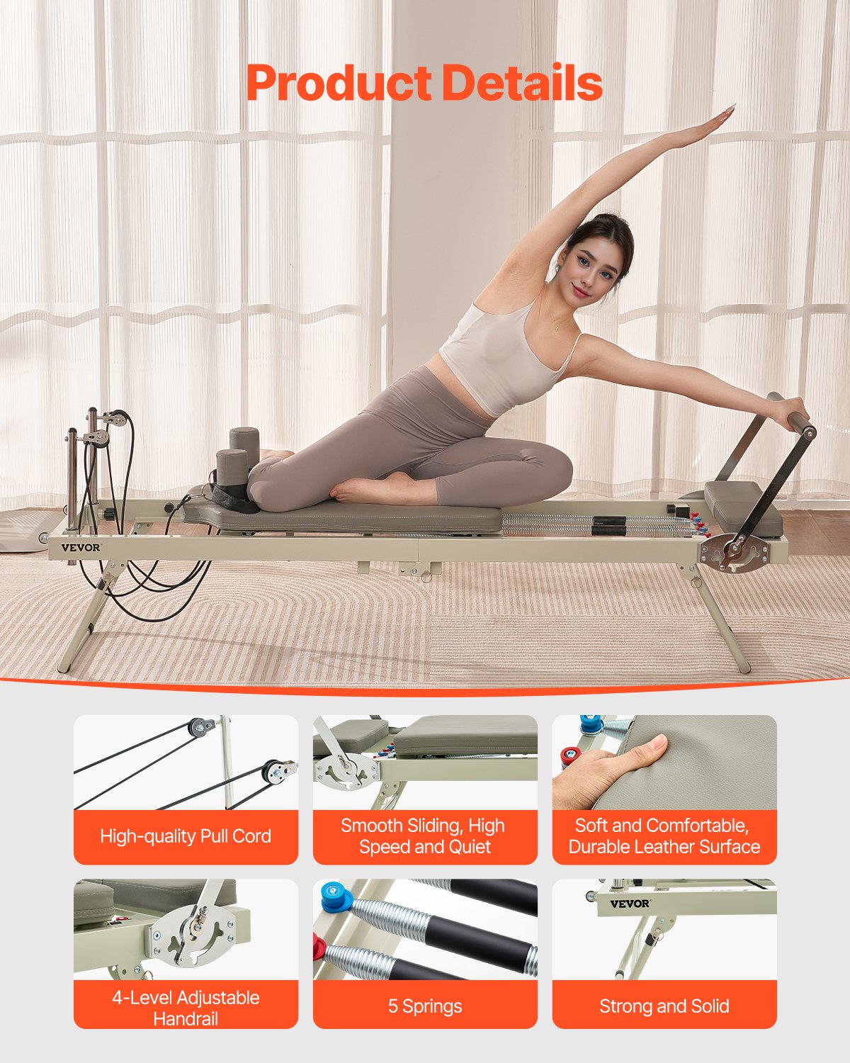 VEVOR Foldable Pilates Reformer Pilates Machine Home Gym Workout Equipment 