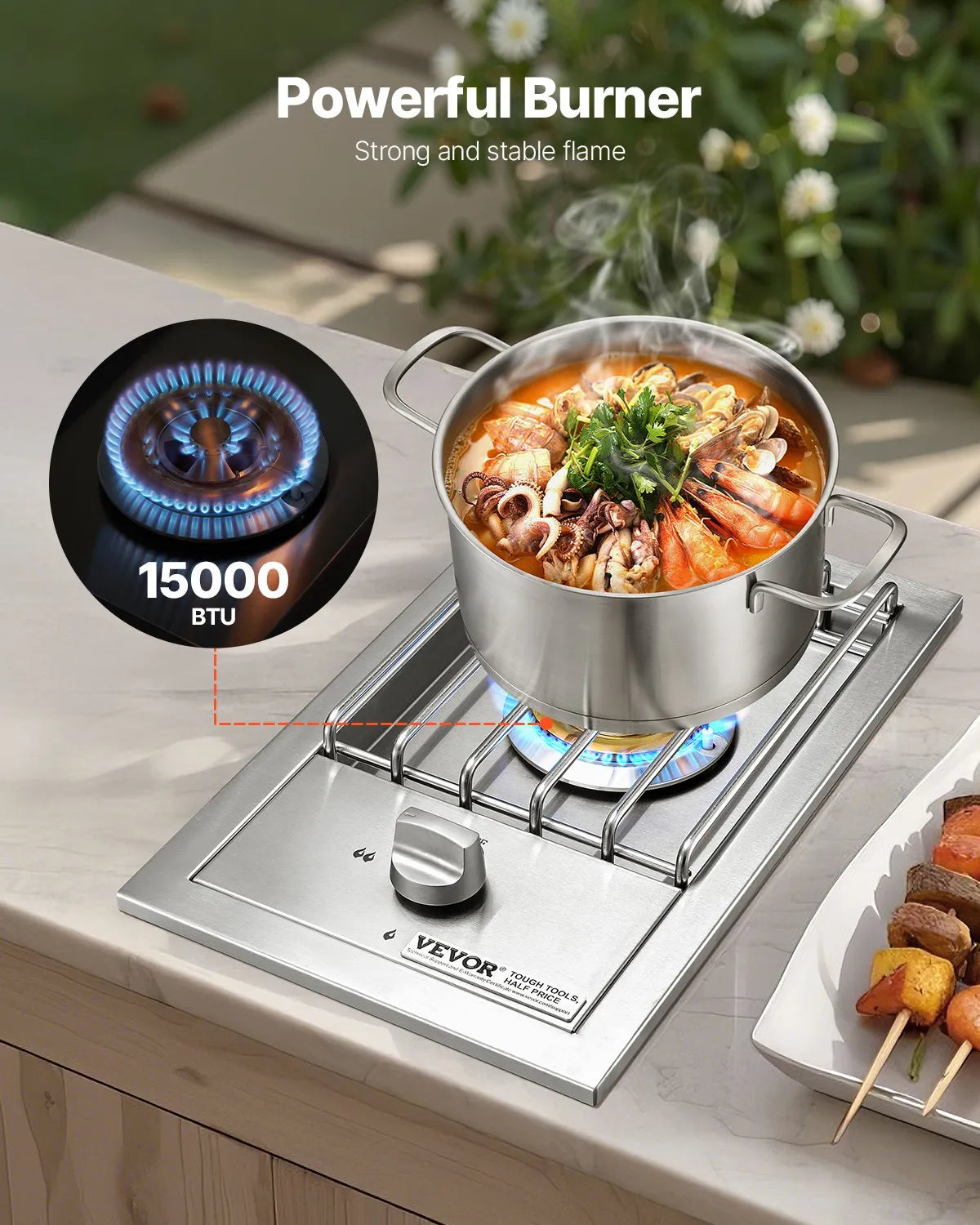 VEVOR Single Grilling Side Burner, 15,000BTU Liquid Propane Side Burner for Outdoor Kitchen, Convertible to Natural Gas, 304 Stainless Steel Built-in Single Grill Burners for BBQ Grill Island 