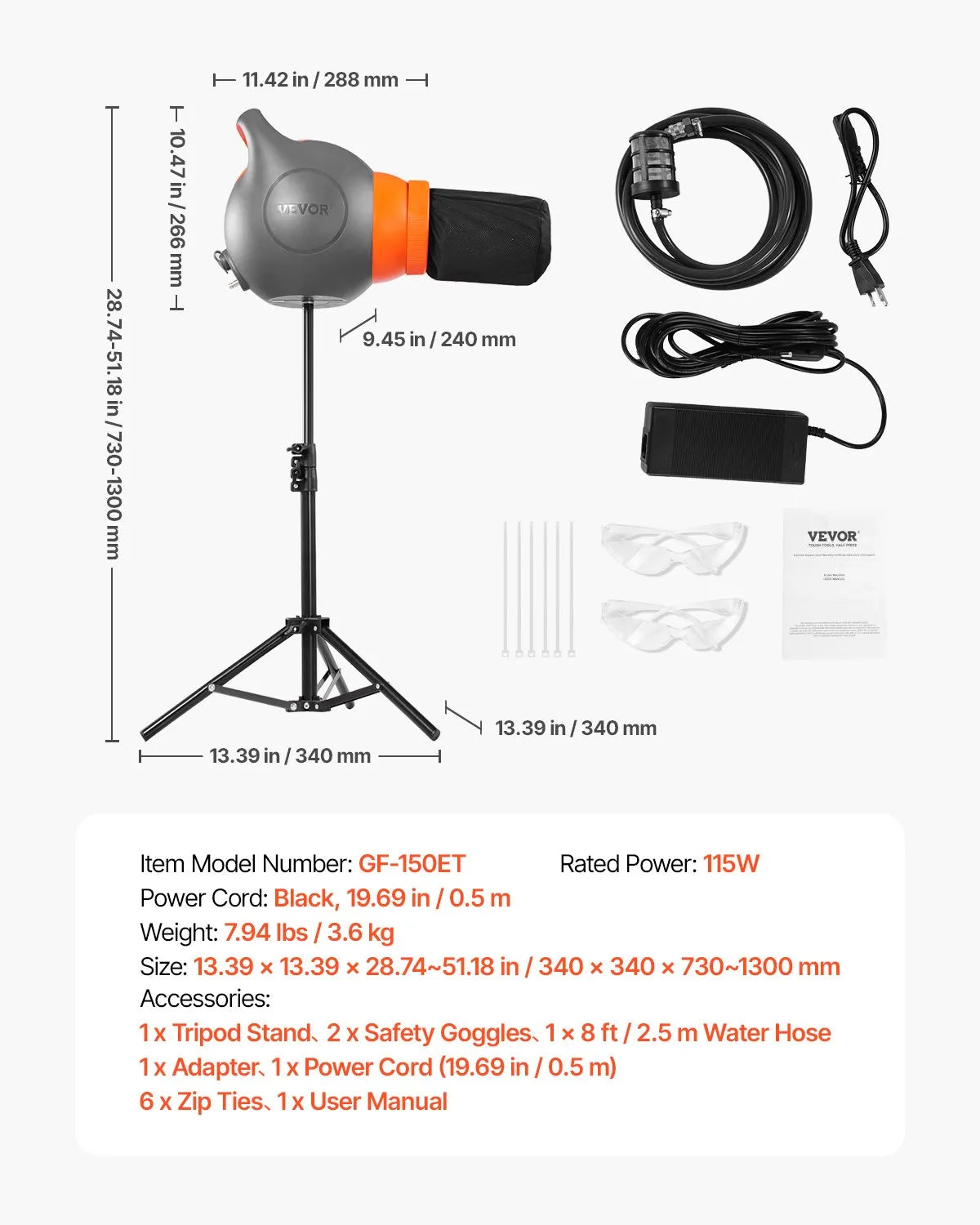 VEVOR Foam Machine Party Foam Cannon 115 W Foam Cannon for Party Grey & Orange