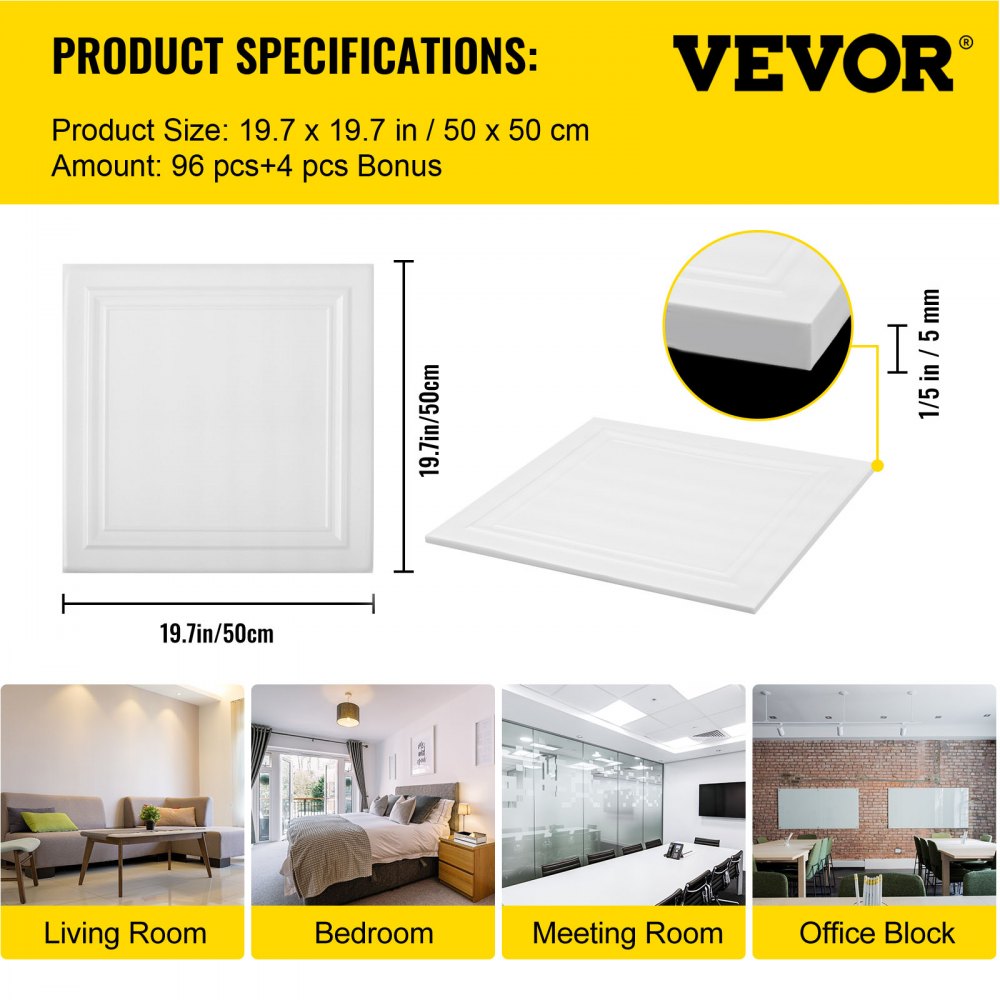 VEVOR Foam Ceiling Tiles, 19.7" x 19.7" Glue-up Ceiling Tiles, 96 pcs Lightweight Ceiling Tiles, 270 sq. ft Paintable Ceiling Tiles, 1/5" Thick Lay-in Ceiling Tile Pack for Roof and Wall Decoration 