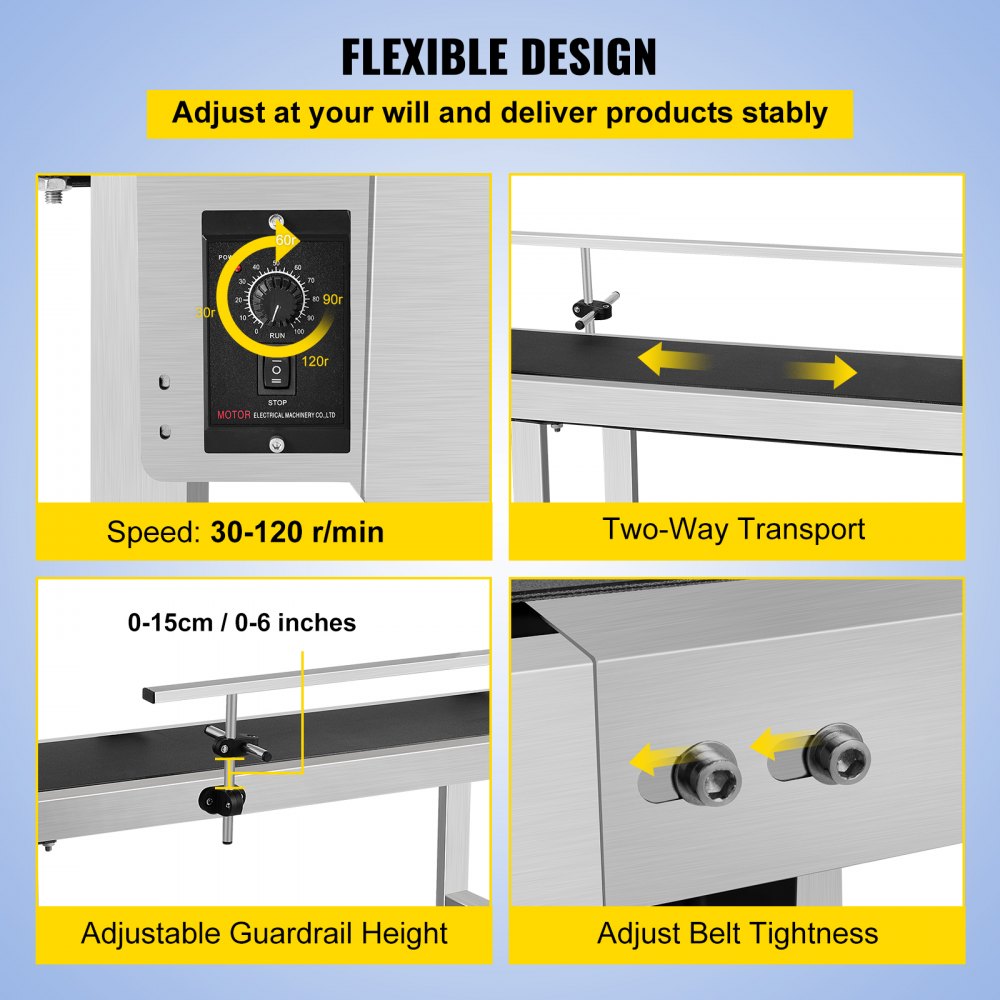 VEVOR PVC Belt Conveyor 59Inch Length, Electric PVC Conveyor 7.8 Width, 110V Adjustable Automatic Speed, Conveyor Machine with Single Guardrails, In Stainless Steel, Industrial Transport Equipment 