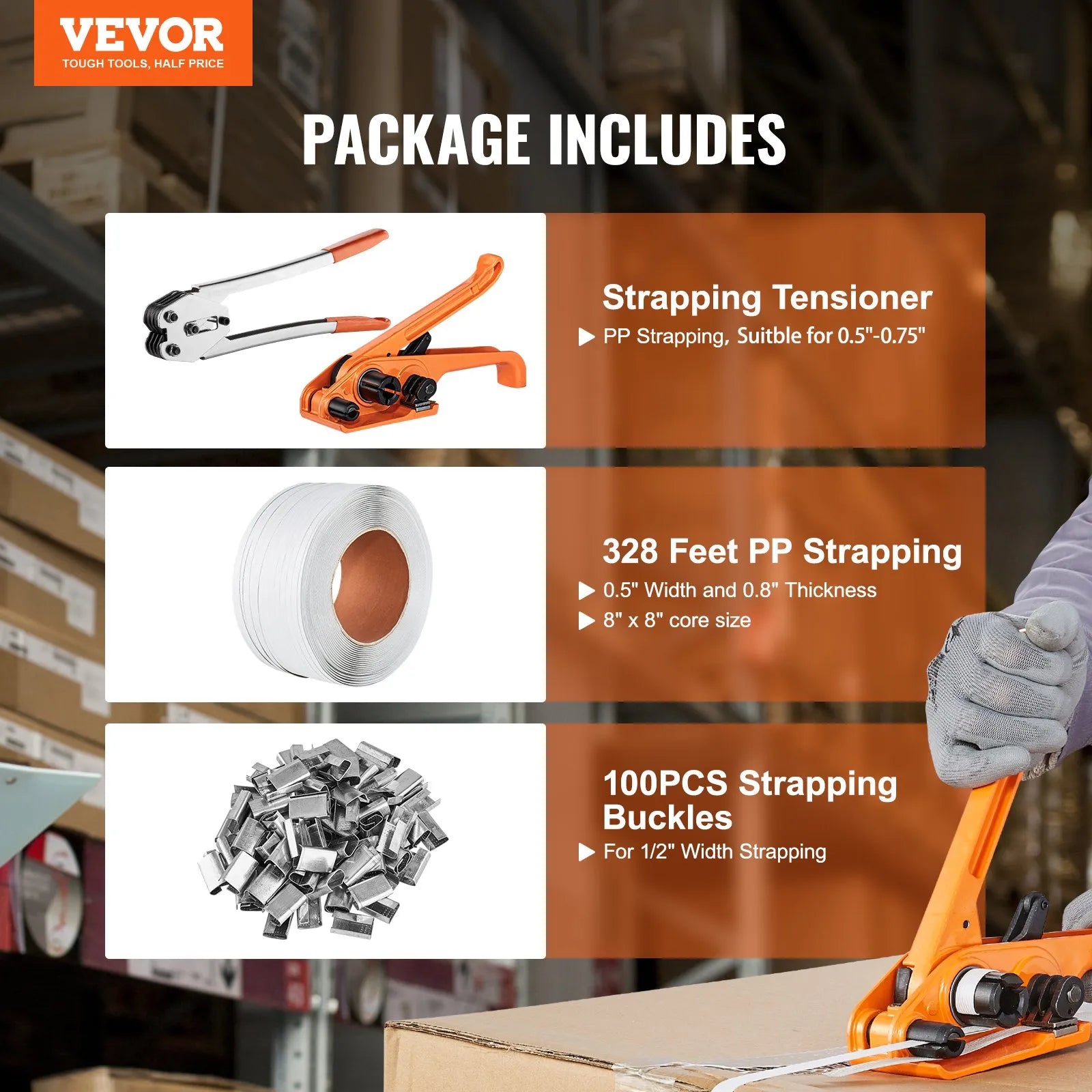 VEVOR Banding Strapping Kit with Strapping Tensioner Tool, Banding Sealer Tool, 328 ft Length PP Band, 100 Metal Seals, Pallet Packaging Strapping Banding Kit, Banding Packaging Strapping for Packing