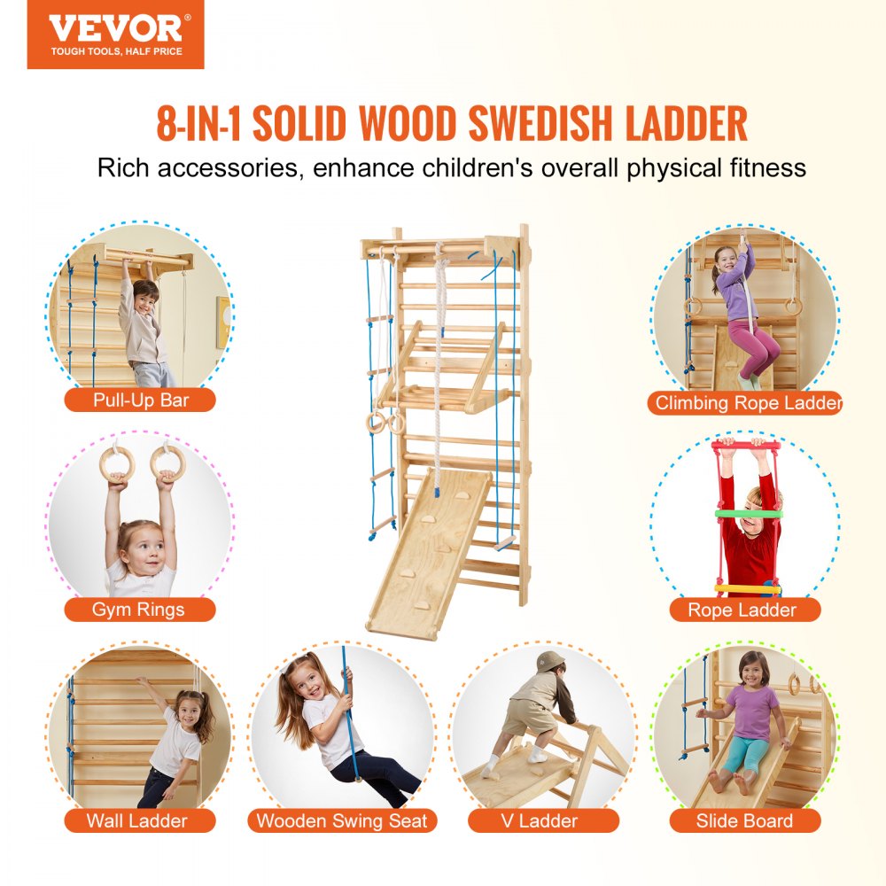 VEVOR Swedish Ladder Wall Gym 8 in 1 Wooden Indoor Playground Climbing Toys 