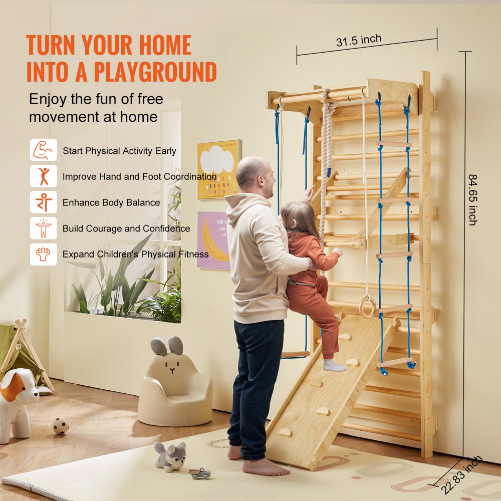 VEVOR Swedish Ladder Wall Gym 8 in 1 Wooden Indoor Playground Climbing Toys 