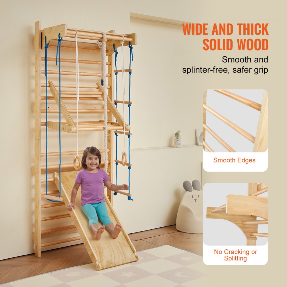 VEVOR Swedish Ladder Wall Gym 8 in 1 Wooden Indoor Playground Climbing Toys 