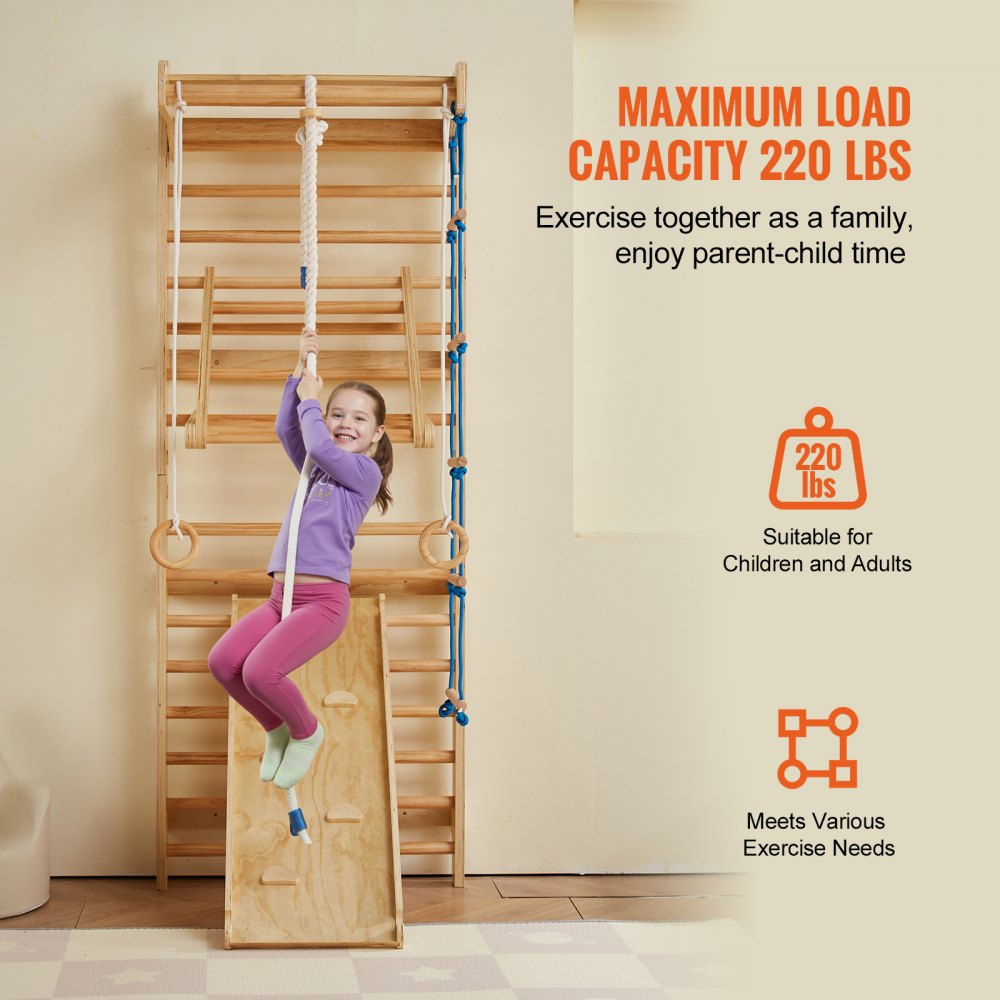 VEVOR Swedish Ladder Wall Gym 8 in 1 Wooden Indoor Playground Climbing Toys 