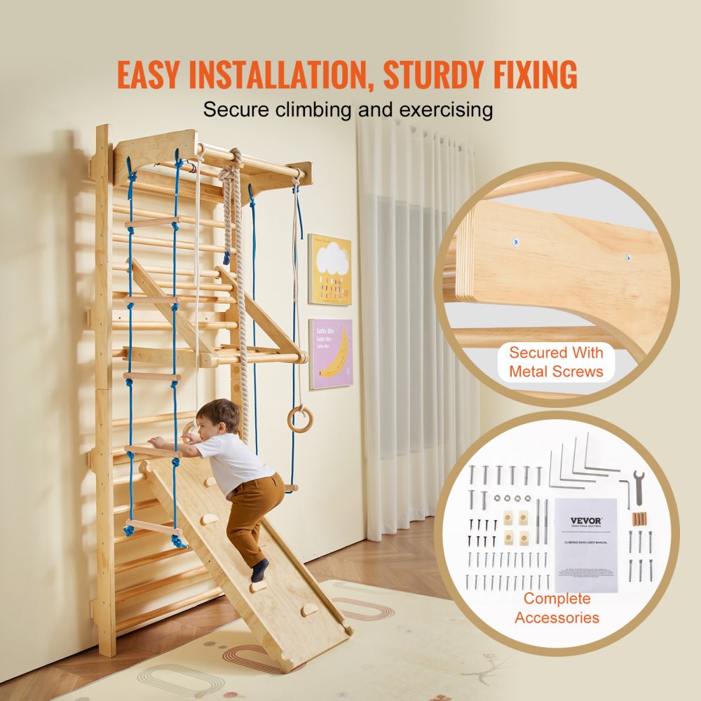 VEVOR Swedish Ladder Wall Gym 8 in 1 Wooden Indoor Playground Climbing Toys 