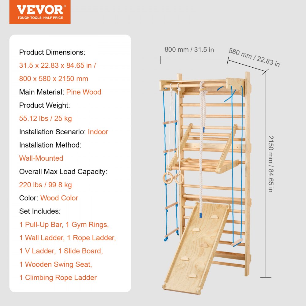 VEVOR Swedish Ladder Wall Gym 8 in 1 Wooden Indoor Playground Climbing Toys 