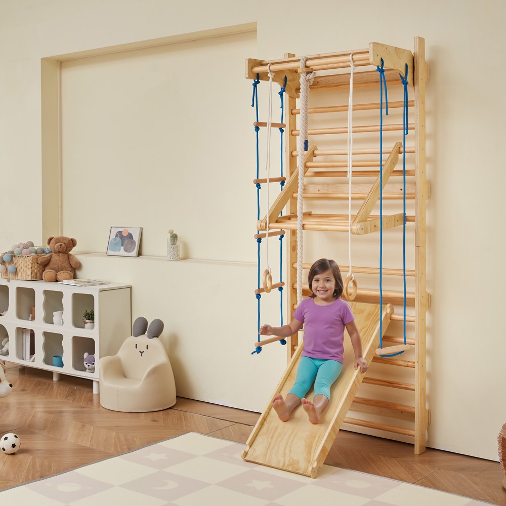 VEVOR Swedish Ladder Wall Gym 8 in 1 Wooden Indoor Playground Climbing Toys 
