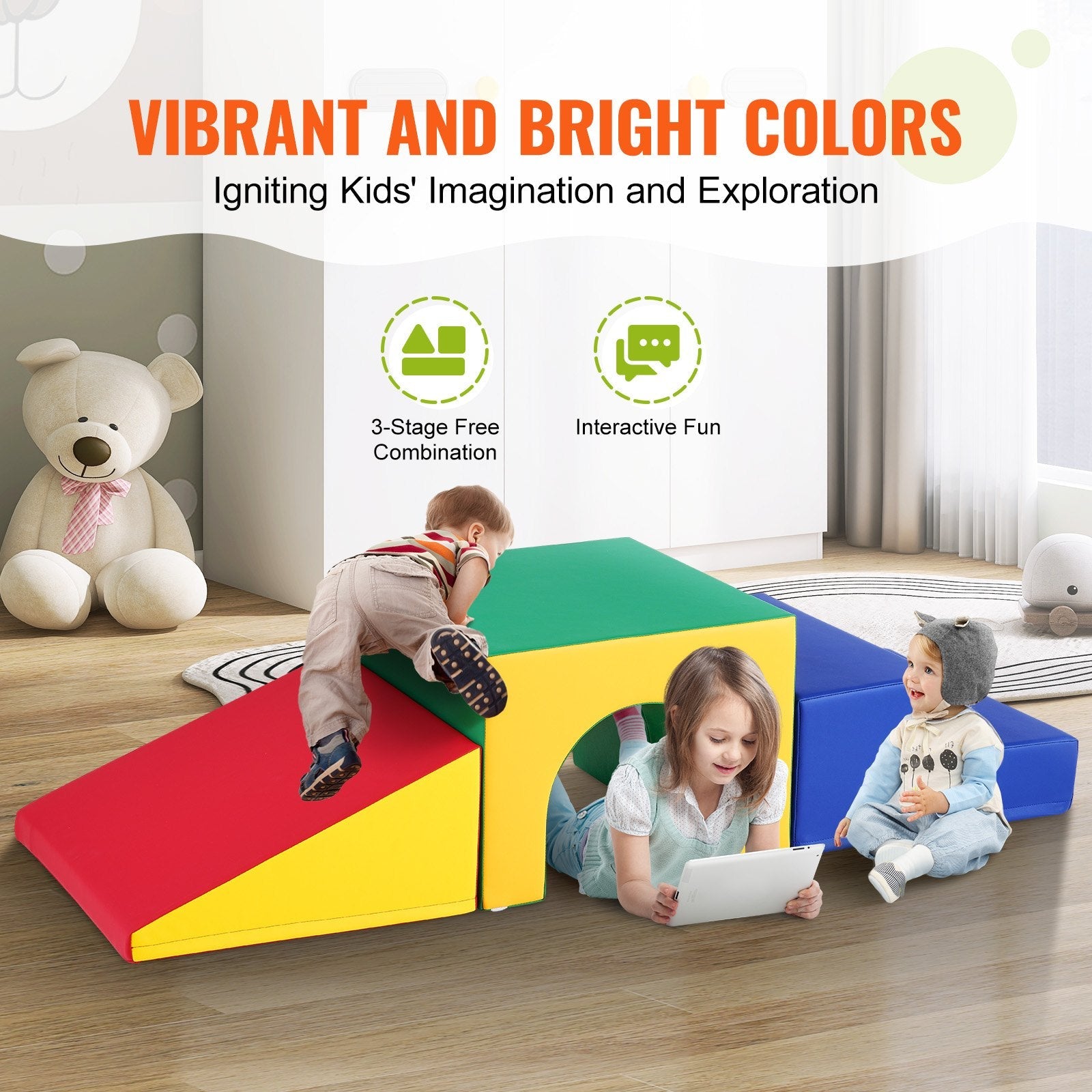 VEVOR Single Tunnel Climber, Toddler Playset, Foam Climbing Blocks for Toddlers, Kids Tunnel Maze with Stairs and Ramp, Indoor for Toddlers and Preschoolers Easy to Clean, 3 pcs (Assorted) 
