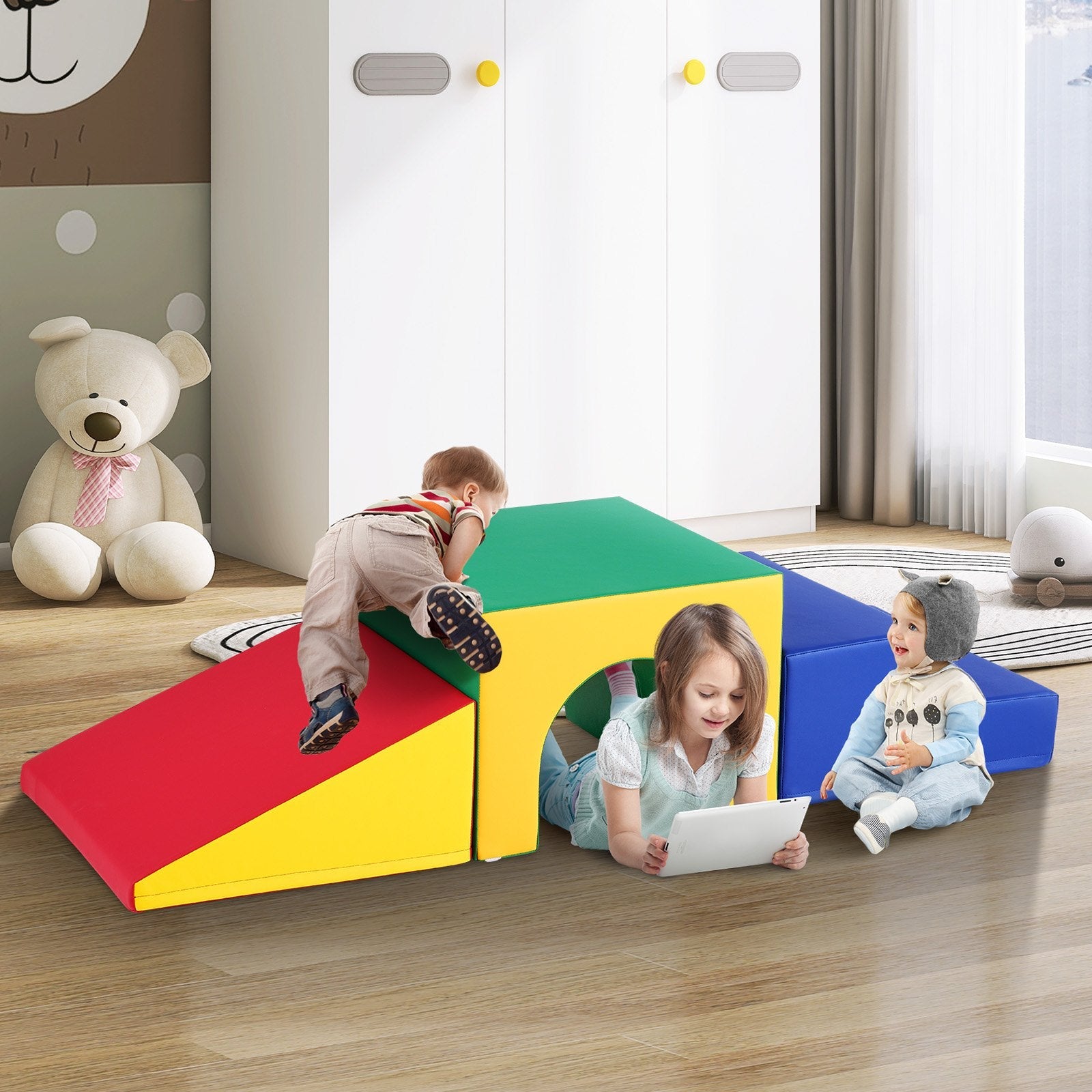 VEVOR Single Tunnel Climber, Toddler Playset, Foam Climbing Blocks for Toddlers, Kids Tunnel Maze with Stairs and Ramp, Indoor for Toddlers and Preschoolers Easy to Clean, 3 pcs (Assorted) 