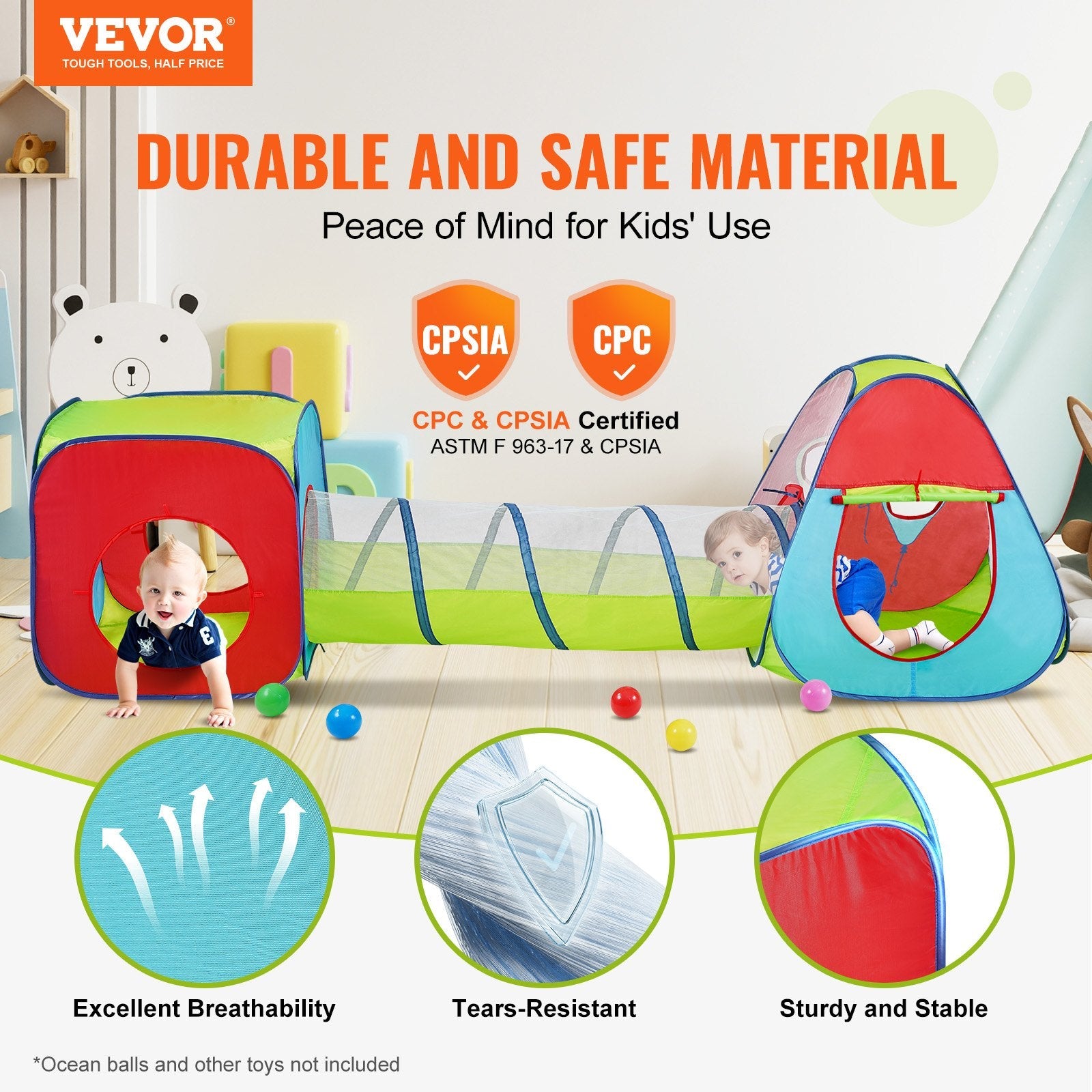 VEVOR 3 in 1 Kids Play Tent with Tunnel for Boys, Girls, Babies and Toddlers, Indoor/Outdoor Pop Up Playhouse with Carrying Bag & Banding Straps as Birthday Gifts, Red/Yellow/Blue Multicolor 