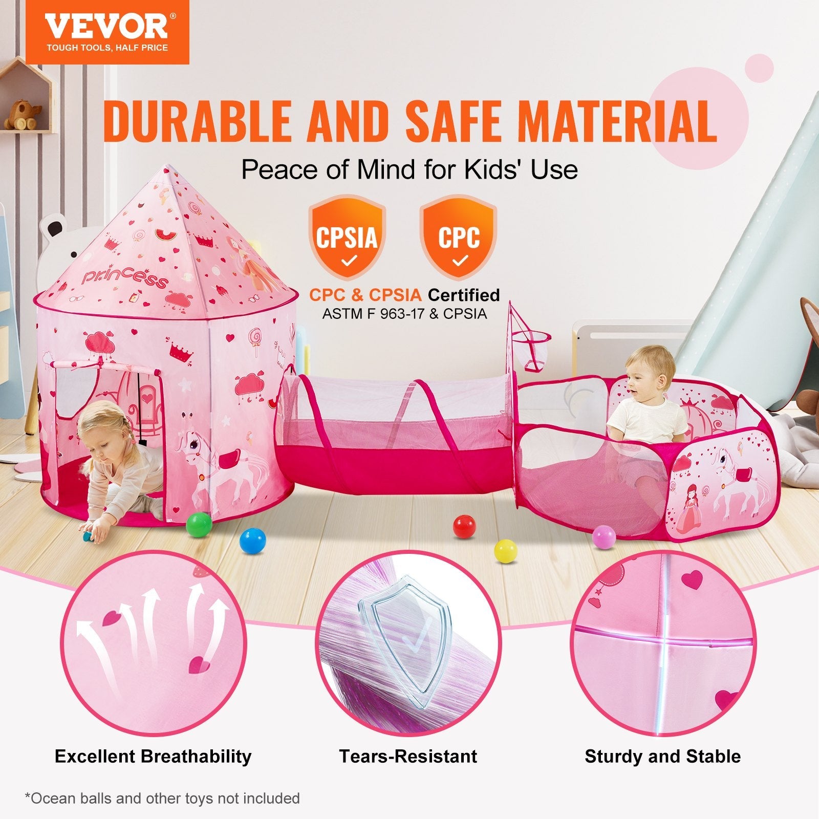 VEVOR 3 in 1 Kids Play Tent with Tunnel for Girls, Princes, Boys, Babies and Toddlers, Indoor/Outdoor Pop Up Playhouse with Carrying Bag & Banding Straps as Birthday Gifts, Magenta Color 
