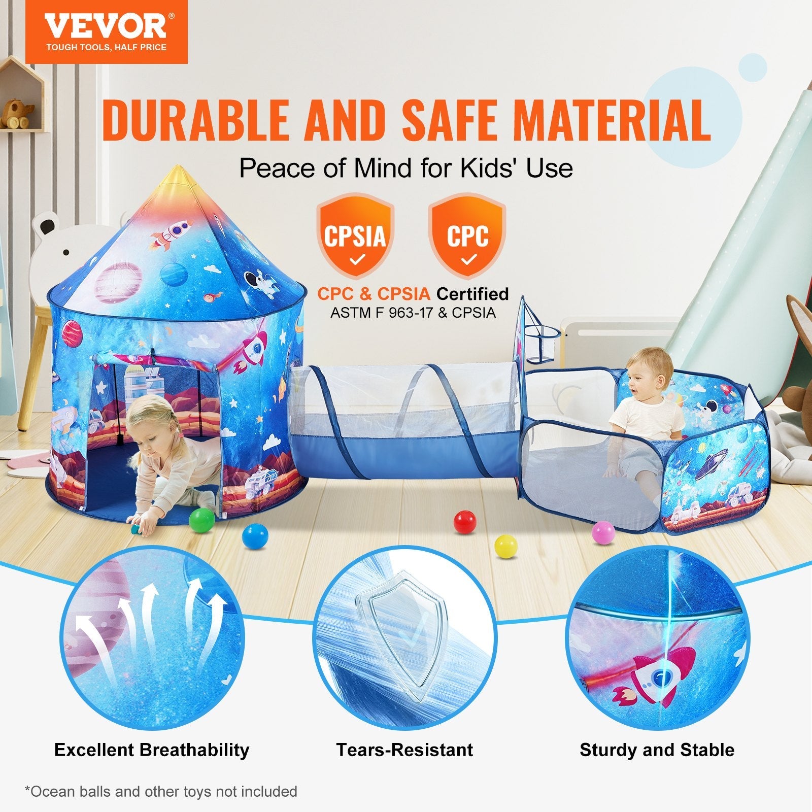 VEVOR 3 in 1 Kids Play Tent with Tunnel for Boys, Girls, Babies and Toddlers, Indoor/Outdoor Pop Up Playhouse with Carrying Bag & Banding Straps Birthday Gifts, Royal Blue Color Rocket Theme 