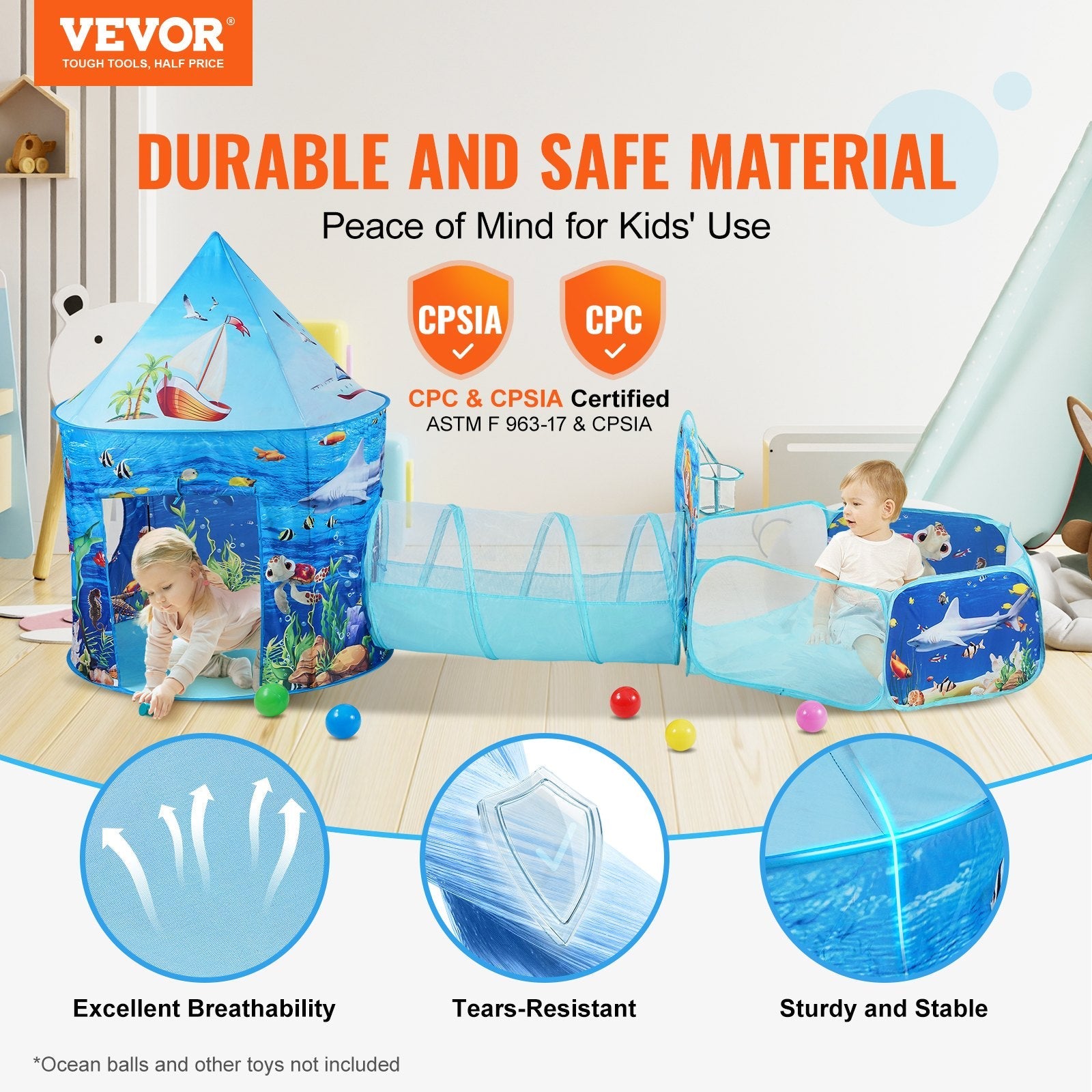 VEVOR 3 in 1 Kids Play Tent with Tunnel, Basketball Hoop for Boys, Girls, Babies and Toddlers, Indoor/Outdoor Pop Up Playhouse with Carrying Bag & Banding Straps Birthday Gifts, Blue Ocean 