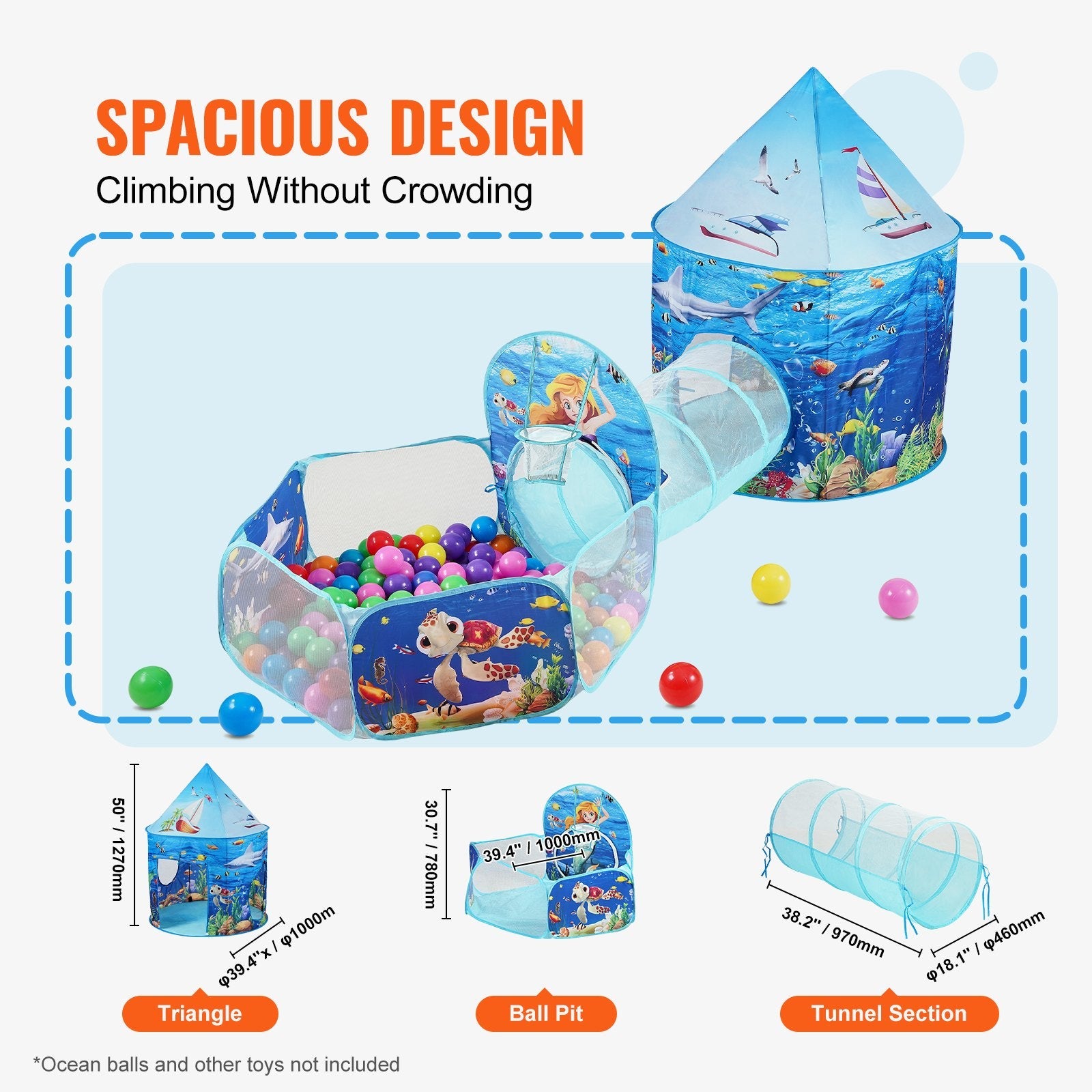 VEVOR 3 in 1 Kids Play Tent with Tunnel, Basketball Hoop for Boys, Girls, Babies and Toddlers, Indoor/Outdoor Pop Up Playhouse with Carrying Bag & Banding Straps Birthday Gifts, Blue Ocean 