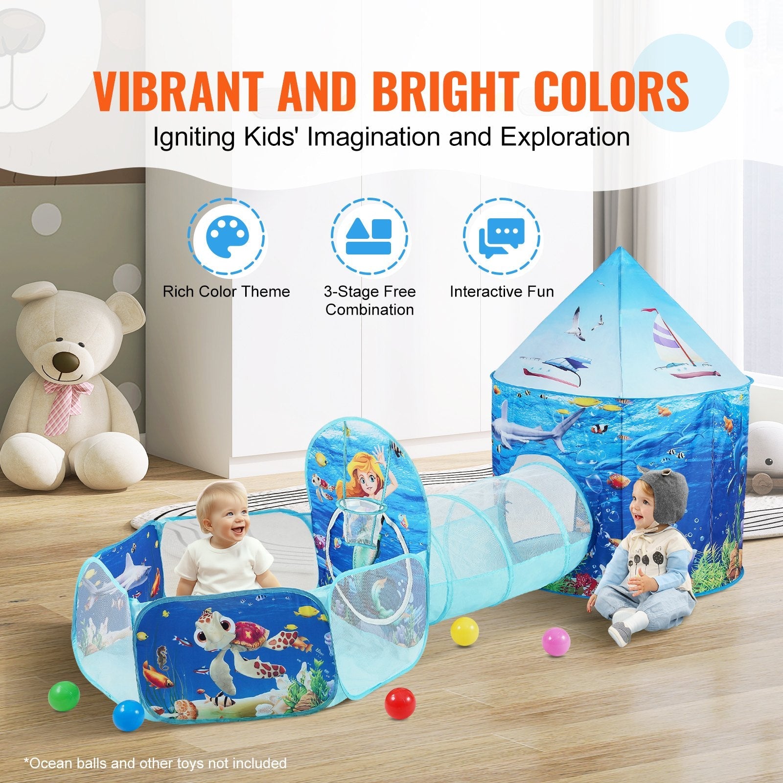 VEVOR 3 in 1 Kids Play Tent with Tunnel, Basketball Hoop for Boys, Girls, Babies and Toddlers, Indoor/Outdoor Pop Up Playhouse with Carrying Bag & Banding Straps Birthday Gifts, Blue Ocean 