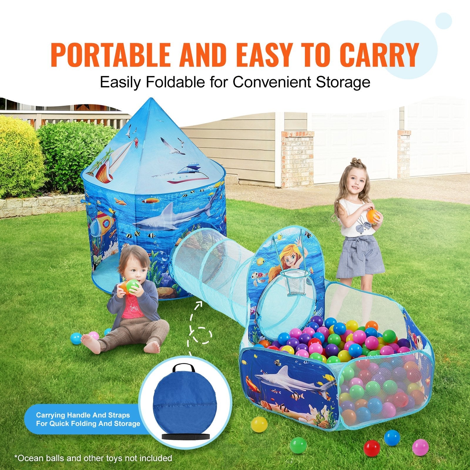 VEVOR 3 in 1 Kids Play Tent with Tunnel, Basketball Hoop for Boys, Girls, Babies and Toddlers, Indoor/Outdoor Pop Up Playhouse with Carrying Bag & Banding Straps Birthday Gifts, Blue Ocean 