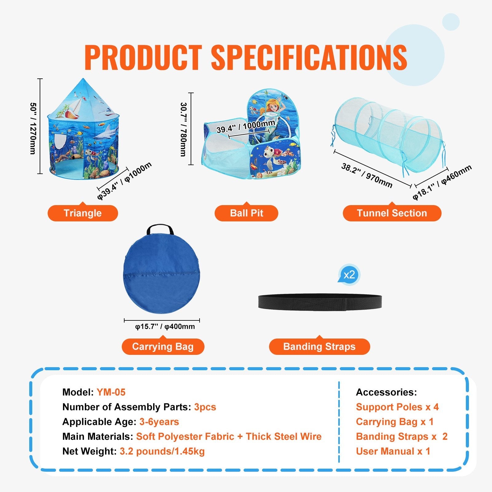 VEVOR 3 in 1 Kids Play Tent with Tunnel, Basketball Hoop for Boys, Girls, Babies and Toddlers, Indoor/Outdoor Pop Up Playhouse with Carrying Bag & Banding Straps Birthday Gifts, Blue Ocean 
