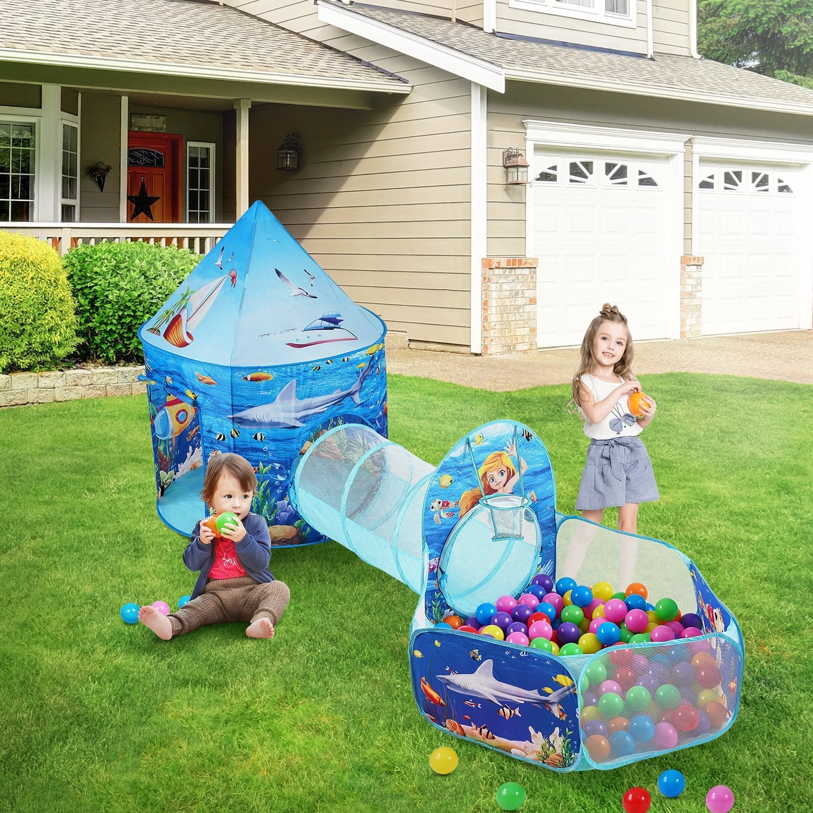 VEVOR 3 in 1 Kids Play Tent with Tunnel, Basketball Hoop for Boys, Girls, Babies and Toddlers, Indoor/Outdoor Pop Up Playhouse with Carrying Bag & Banding Straps Birthday Gifts, Blue Ocean 