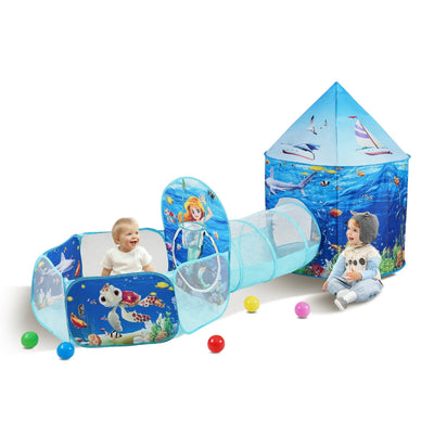 VEVOR 3 in 1 Kids Play Tent with Tunnel, Basketball Hoop for Boys, Girls, Babies and Toddlers, Indoor/Outdoor Pop Up Playhouse with Carrying Bag & Banding Straps Birthday Gifts, Blue Ocean 