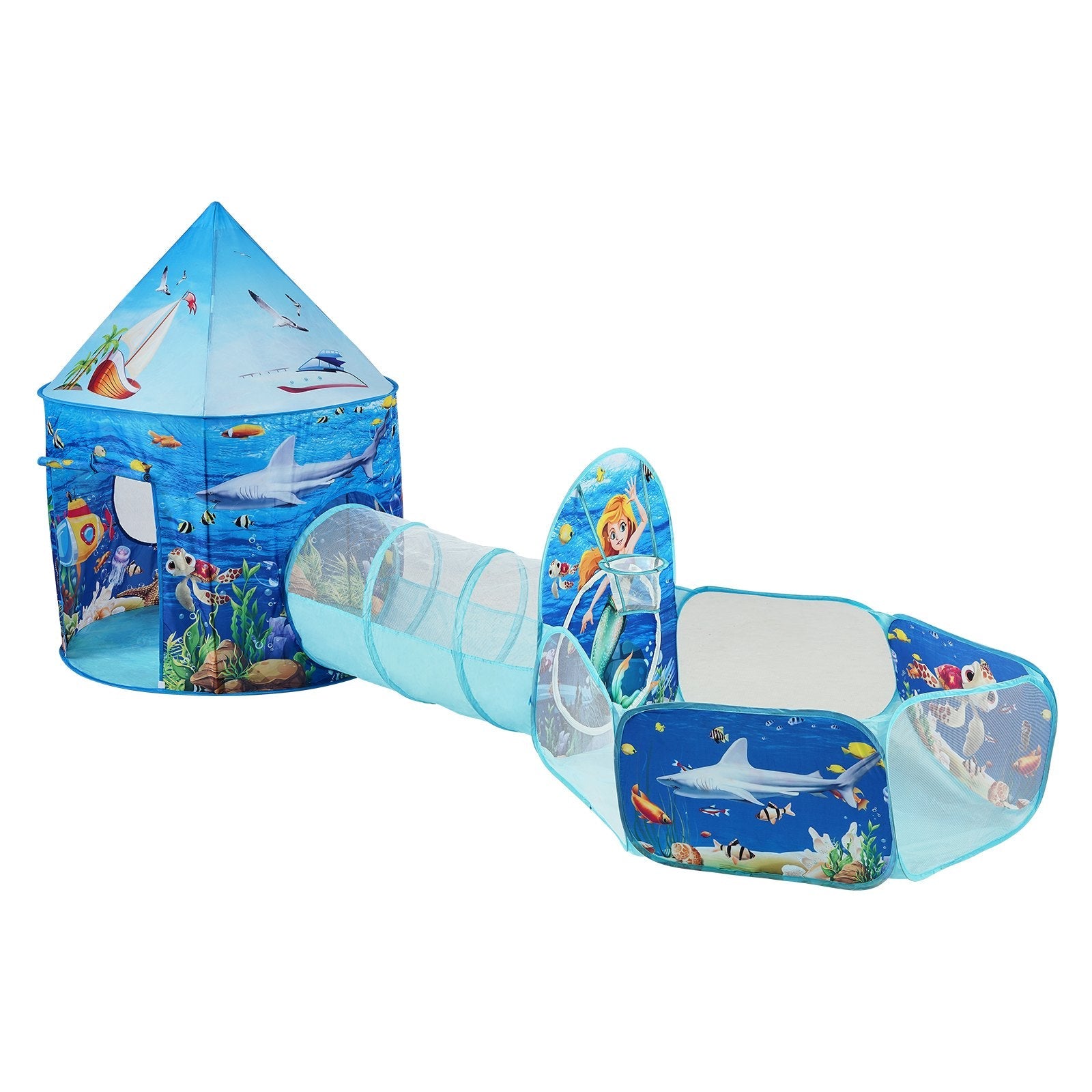 VEVOR 3 in 1 Kids Play Tent with Tunnel, Basketball Hoop for Boys, Girls, Babies and Toddlers, Indoor/Outdoor Pop Up Playhouse with Carrying Bag & Banding Straps Birthday Gifts, Blue Ocean 