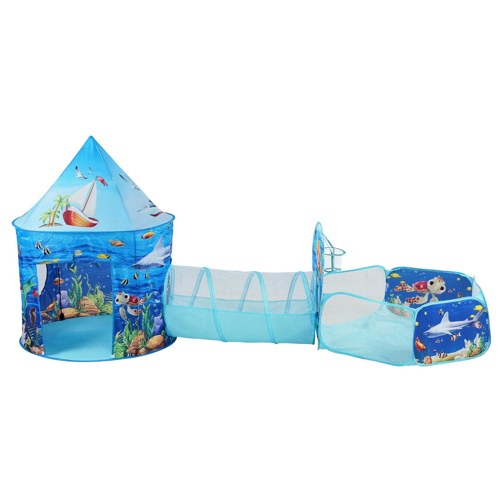VEVOR 3 in 1 Kids Play Tent with Tunnel, Basketball Hoop for Boys, Girls, Babies and Toddlers, Indoor/Outdoor Pop Up Playhouse with Carrying Bag & Banding Straps Birthday Gifts, Blue Ocean 
