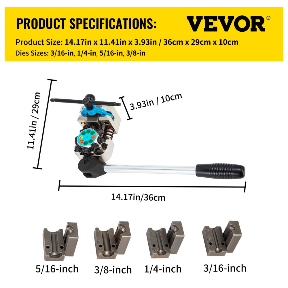 VEVOR Brake Line Flaring Tool, 45 Degree Single, Double, and Bubble Flares for 3/16", 1/4", 5/16" and 3/8" Tube Size, Suitable for Soft Metal of Copper Lines 