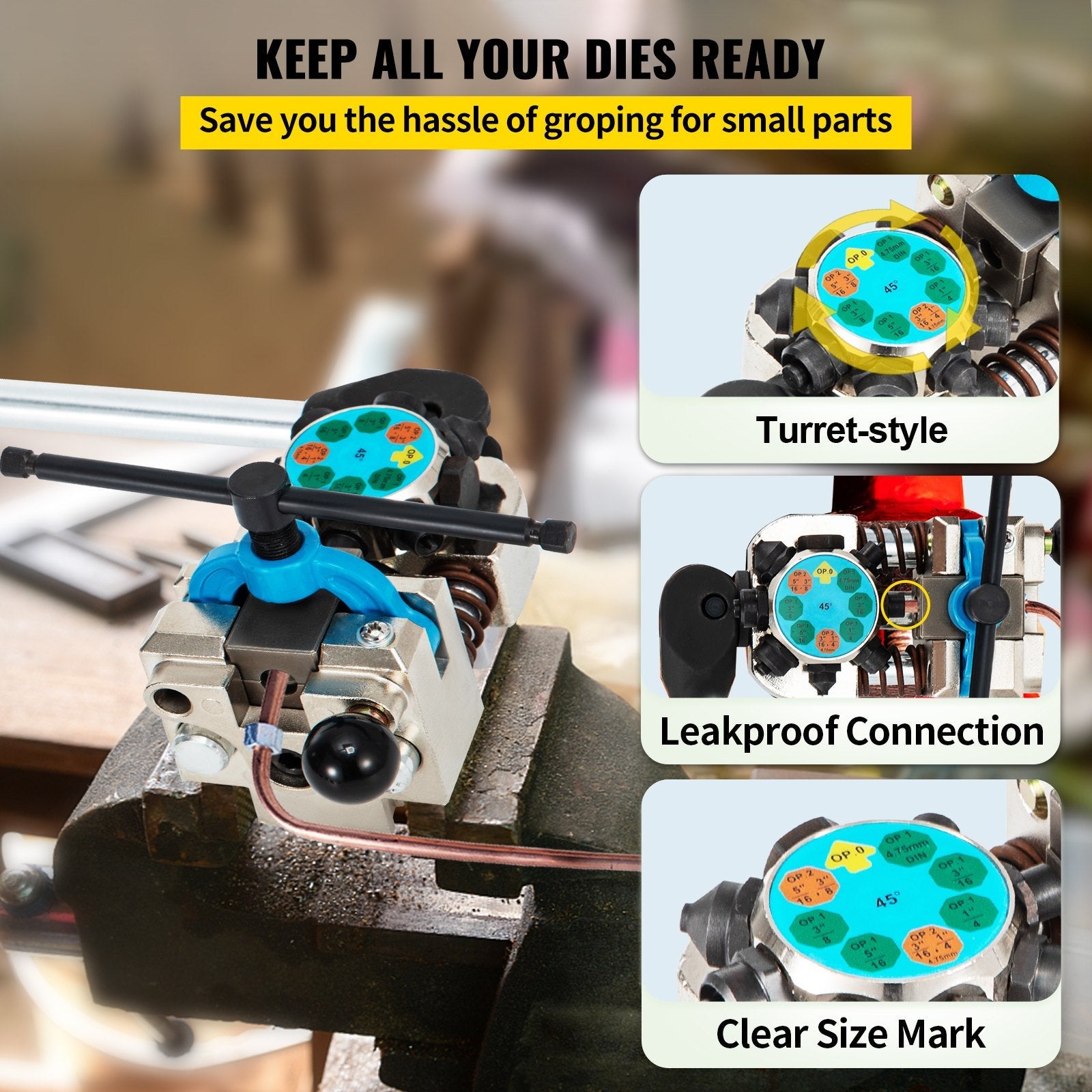 VEVOR Brake Line Flaring Tool, 37 & 45 Degree Single, Double, and Bubble Flares for 3/16", 1/4", 5/16" and 3/8" Tube Size, Suitable for Soft Metal of Copper Lines 