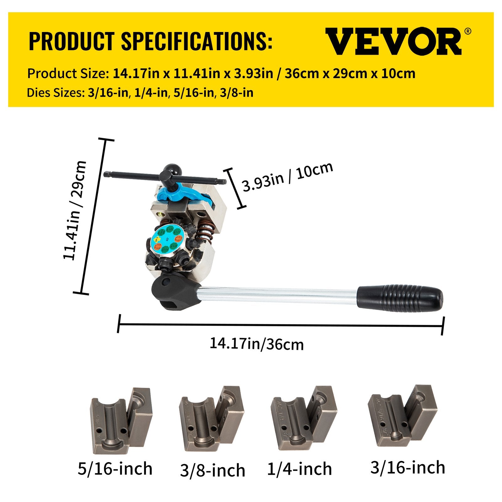VEVOR Brake Line Flaring Tool, 37 & 45 Degree Single, Double, and Bubble Flares for 3/16", 1/4", 5/16" and 3/8" Tube Size, Suitable for Soft Metal of Copper Lines 
