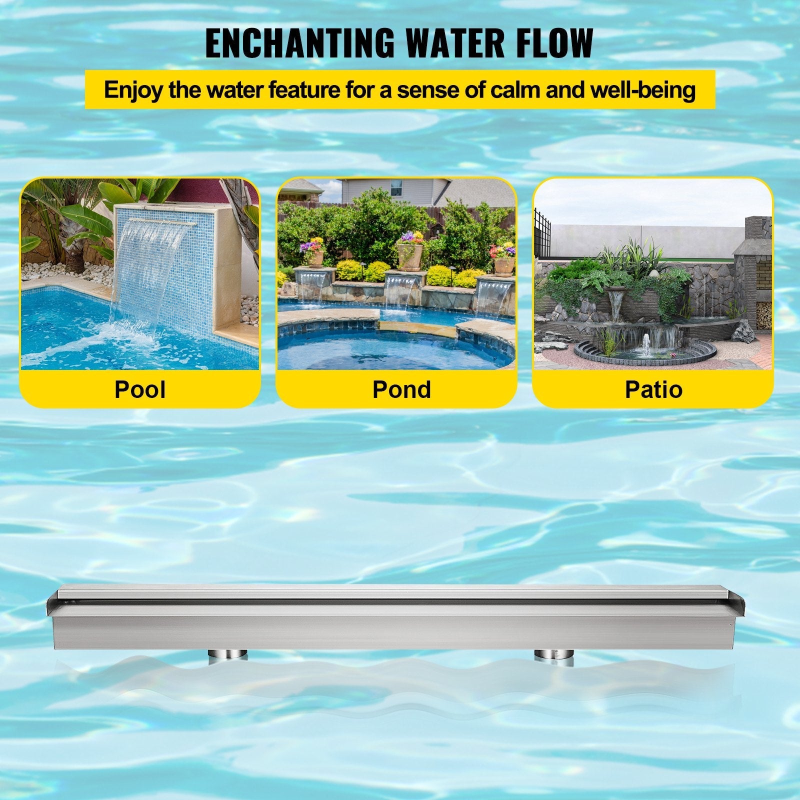 VEVOR Pool Fountain Stainless Steel Pool Waterfall 59.4" x 4.5" x 3.1"(W x D x H) Waterfall Spillway Rectangular Garden Outdoor 