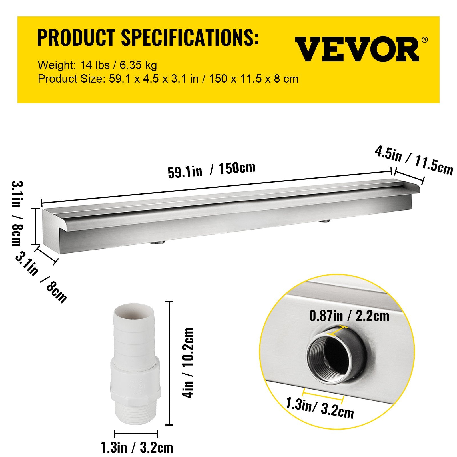VEVOR Pool Fountain Stainless Steel Pool Waterfall 59.4" x 4.5" x 3.1"(W x D x H) Waterfall Spillway Rectangular Garden Outdoor 