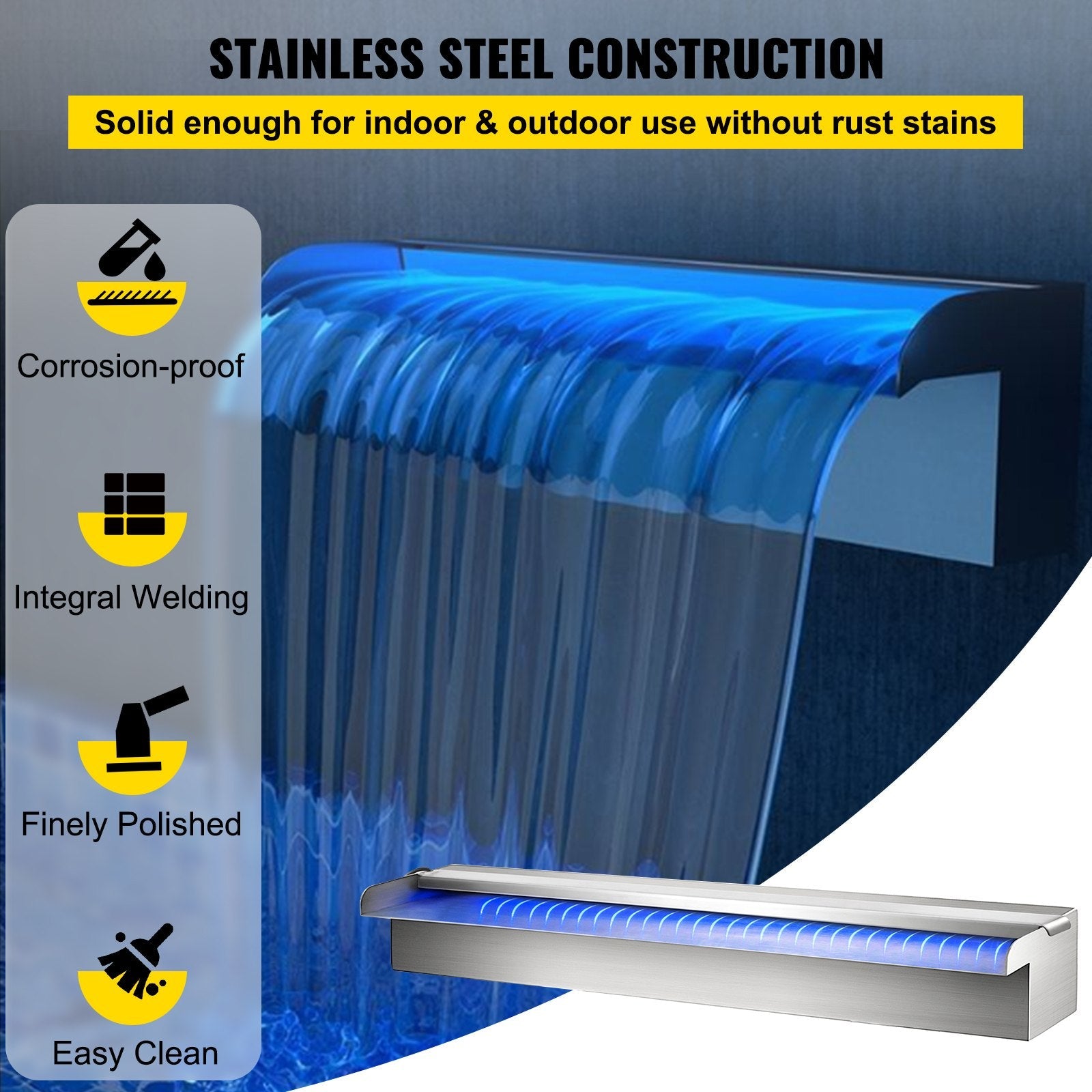 23.6" x 4.5" x 3.1" Stainless Steel Decorative Waterfall Pool Fountain  With LED Strip Light For Garden Pond Indoors And Outdoors 