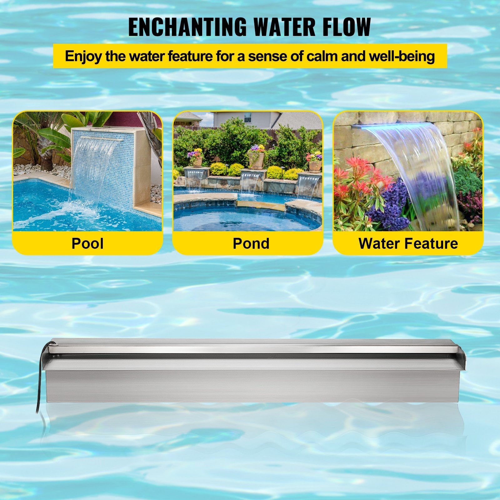 23.6" x 4.5" x 3.1" Stainless Steel Decorative Waterfall Pool Fountain  With LED Strip Light For Garden Pond Indoors And Outdoors 