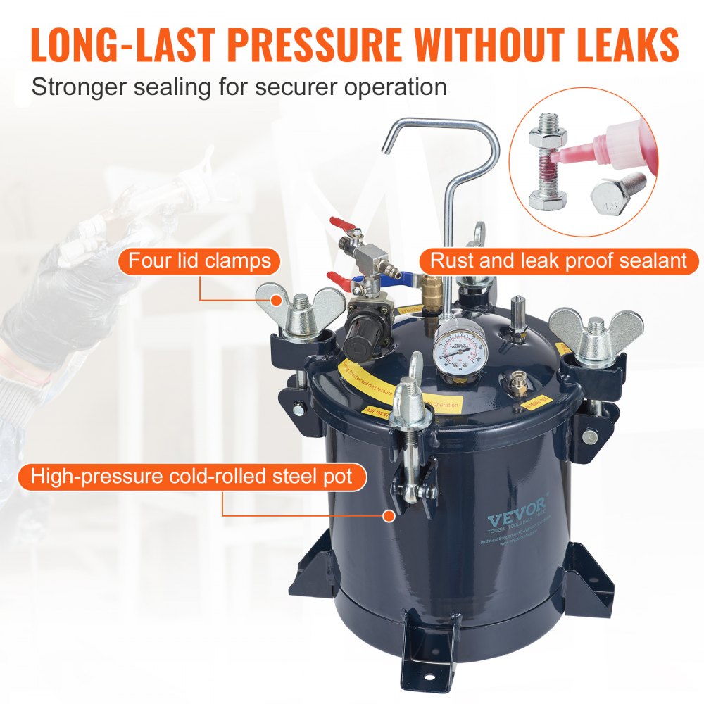 VEVOR 10L/2.5gal Spray Paint Pressure Pot Tank,  70PSI Max Air Paint Pressure Pot, Metal Rack and Leak Repair Sealant for Industry Home Decor Architecture Construction Automotive Painting 