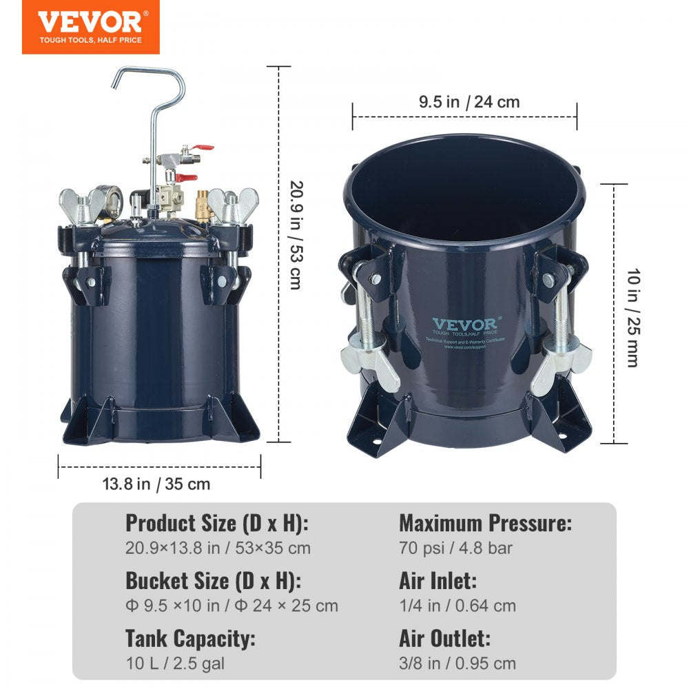 VEVOR 10L/2.5gal Spray Paint Pressure Pot Tank,  70PSI Max Air Paint Pressure Pot, Metal Rack and Leak Repair Sealant for Industry Home Decor Architecture Construction Automotive Painting 