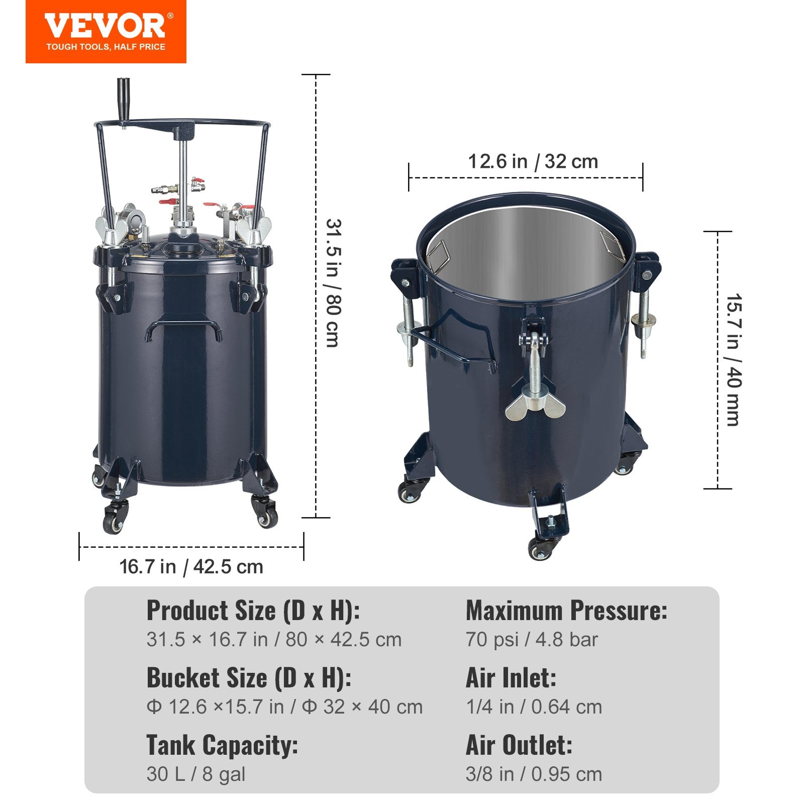 VEVOR Spray Paint Pressure Pot Tank, 30L/8gal Air Paint Pressure Pot with Manual Mixing Agitator, Leak Repair Sealant for Industry Home Decor Architecture Construction Automotive Painting, 70PSI Max 