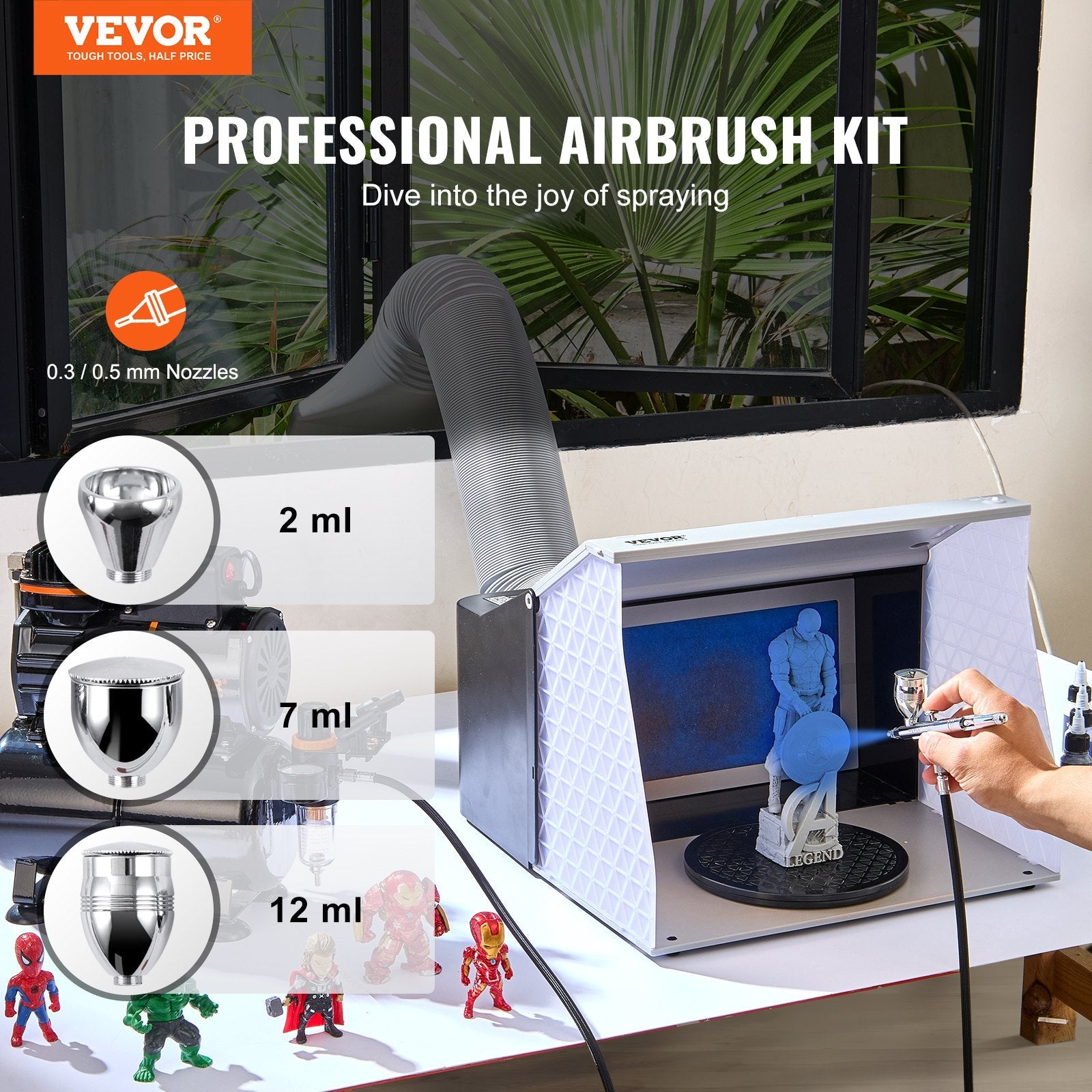 VEVOR Airbrush Gun, 0.3 mm and 0.5 mm Dual Action Gravity Feed Airbrush, Airbrush Kit with 2/7/12ml Copper Cups and Cleaning Accessories, Air Brush Gun for Painting Models, Cakes, Desserts, Nail Art 