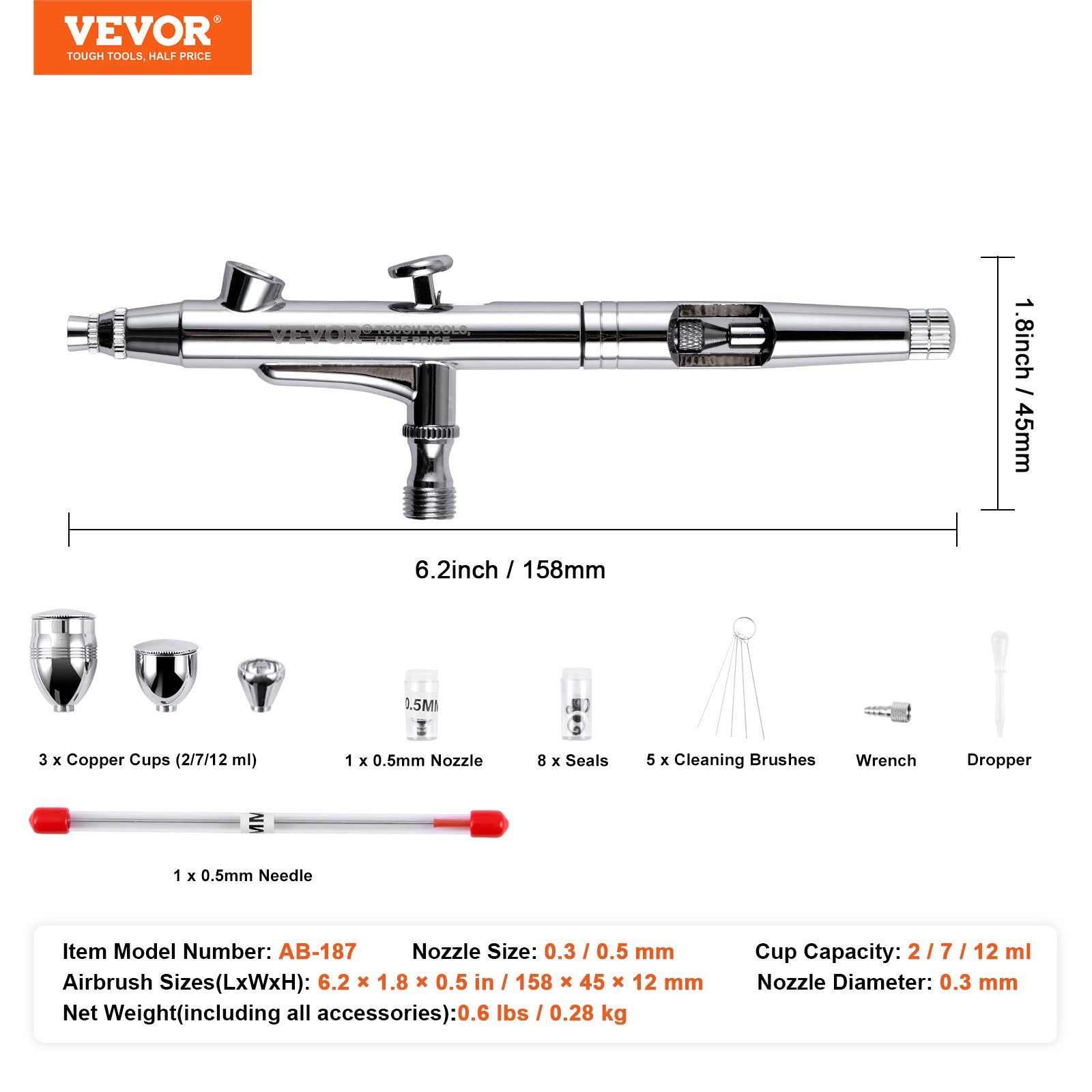VEVOR Airbrush Gun, 0.3 mm and 0.5 mm Dual Action Gravity Feed Airbrush, Airbrush Kit with 2/7/12ml Copper Cups and Cleaning Accessories, Air Brush Gun for Painting Models, Cakes, Desserts, Nail Art 