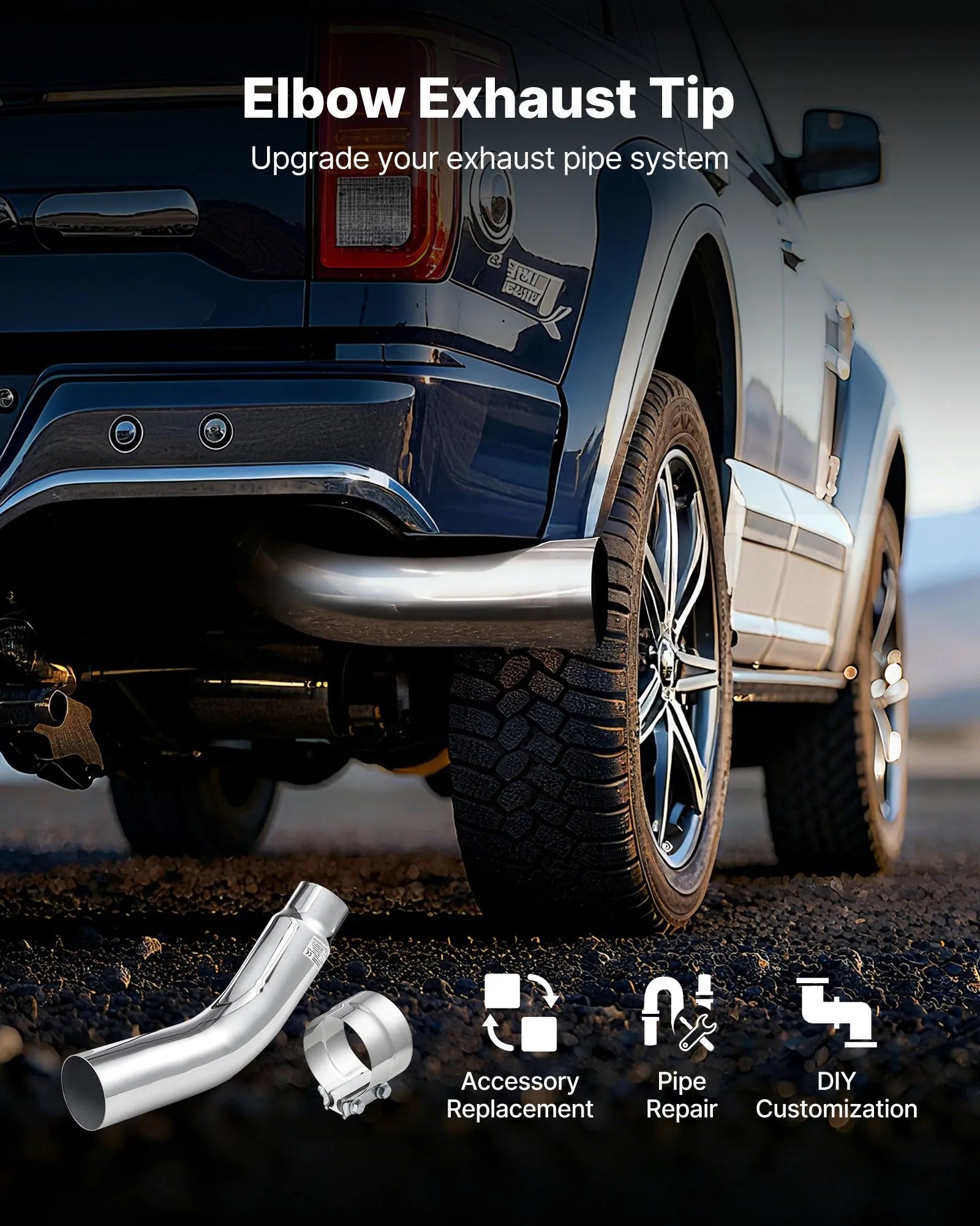 VEVOR Elbow Exhaust Tip, 4 Inch Inlet, 5 Inch Outlet, 23 in Overall Length, Chrome Turn Down Exhaust Tip with Clamp for Truck, Sedan, Sports Car, SUV, Chrome Structure for High Temperature Resistance 