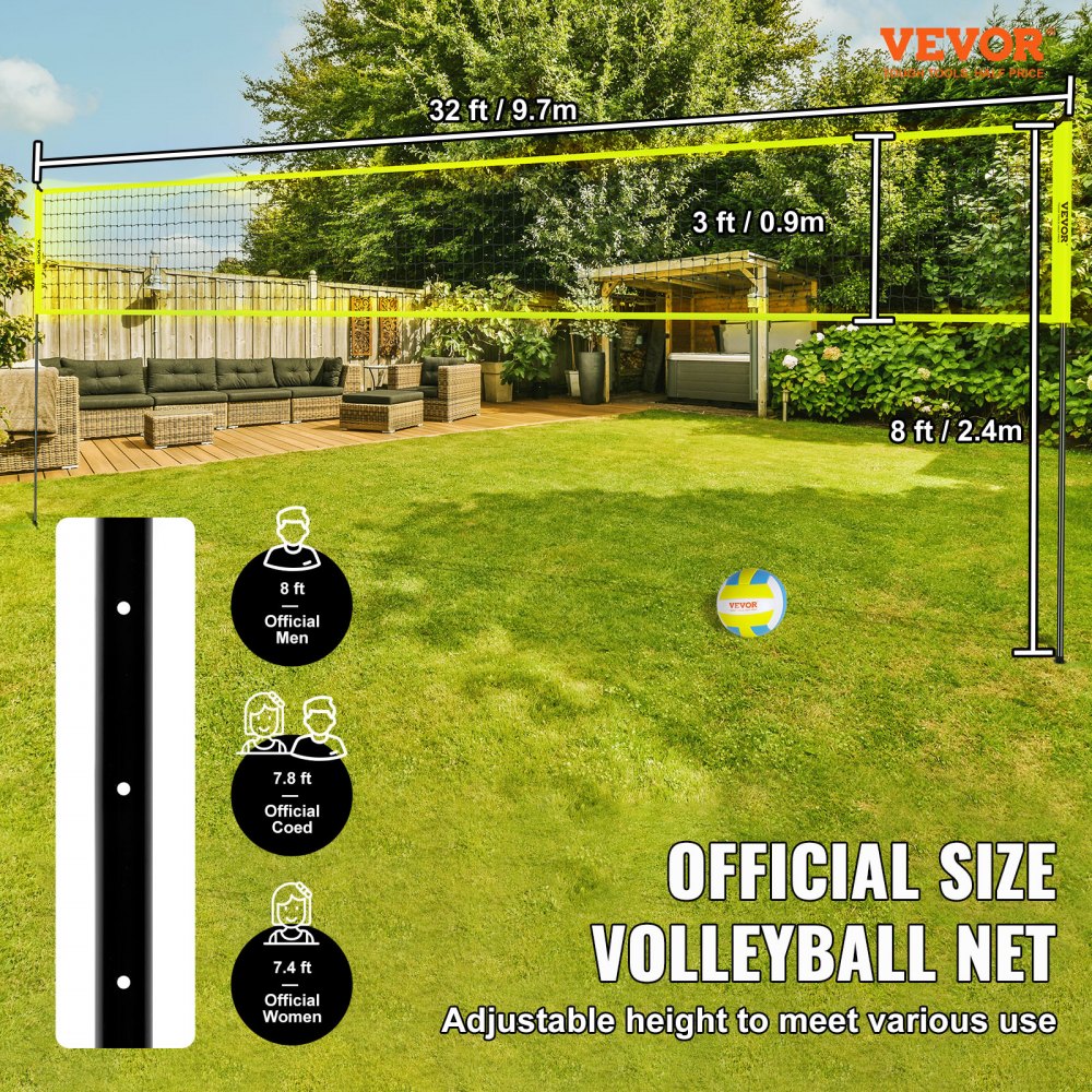 VEVOR Outdoor Portable Volleyball Net System, Adjustable Height Steel Poles, Professional Volleyball Set with PVC Volleyball, Pump, Carrying Bag, Heavy Duty Volleyball Net for Backyard, Beach, Lawn 